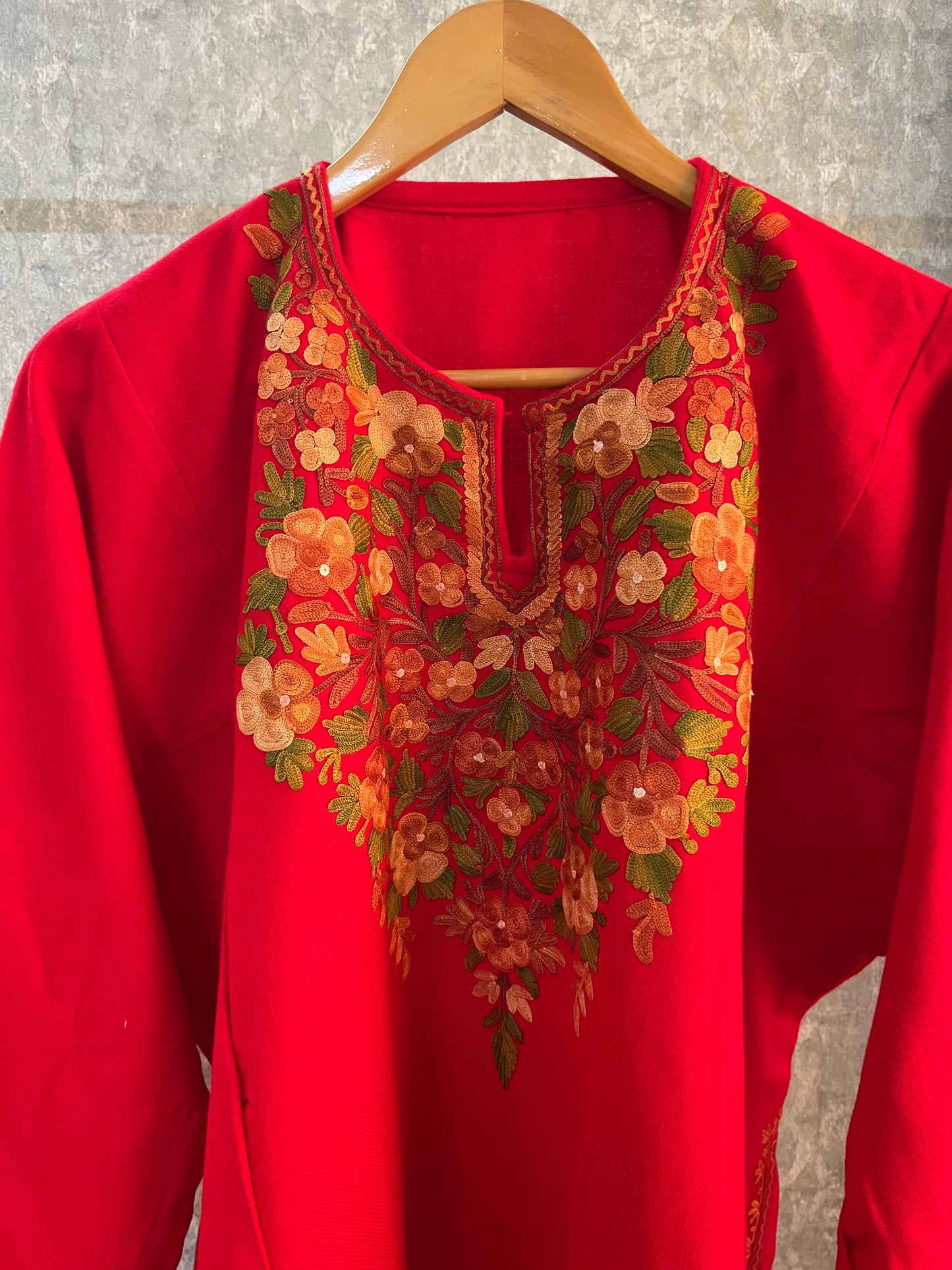 Red Aari Embroidered Wool Pheran