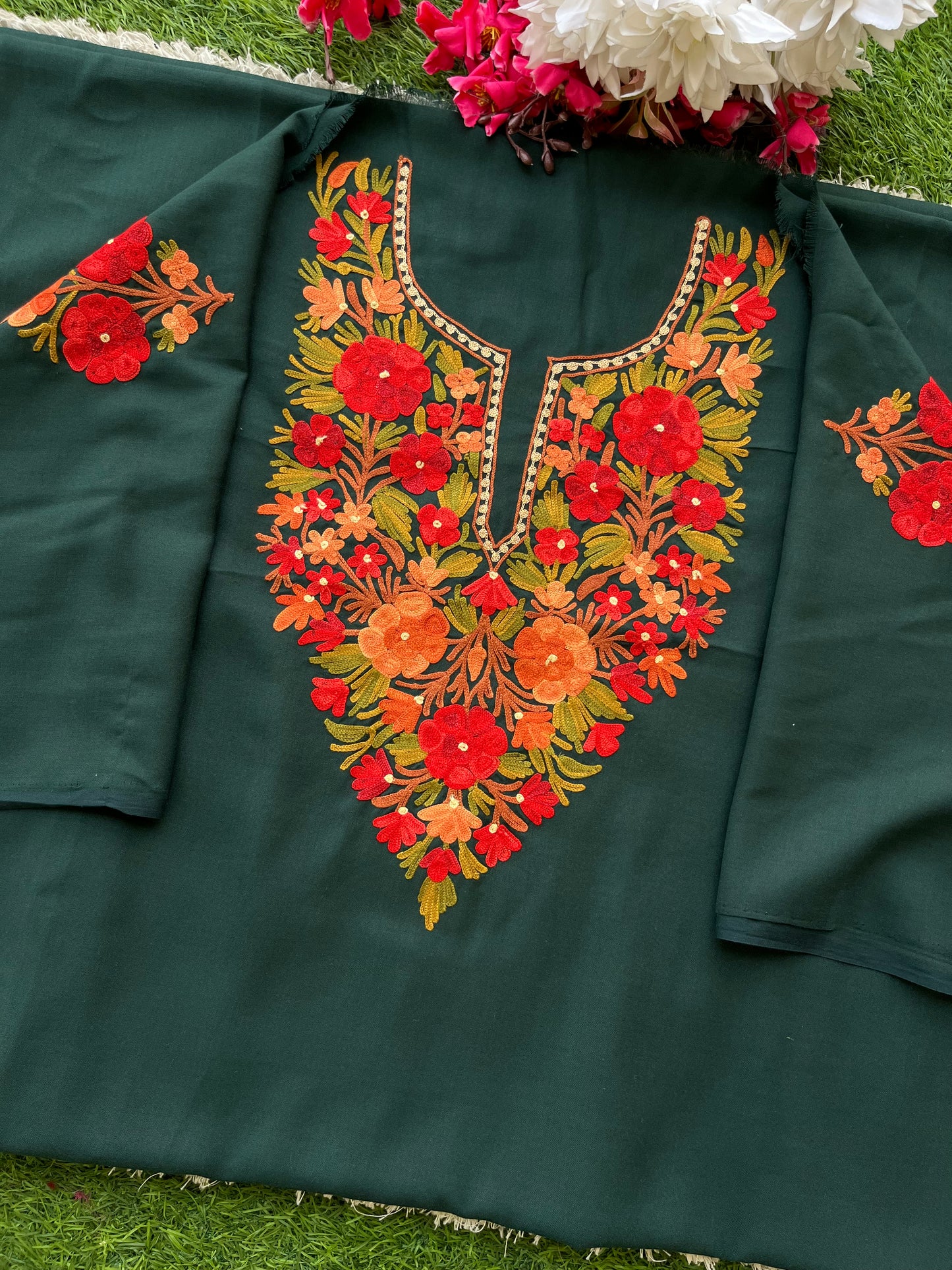 Bottle Green Cotton Cord Set (Aari Embroidered)