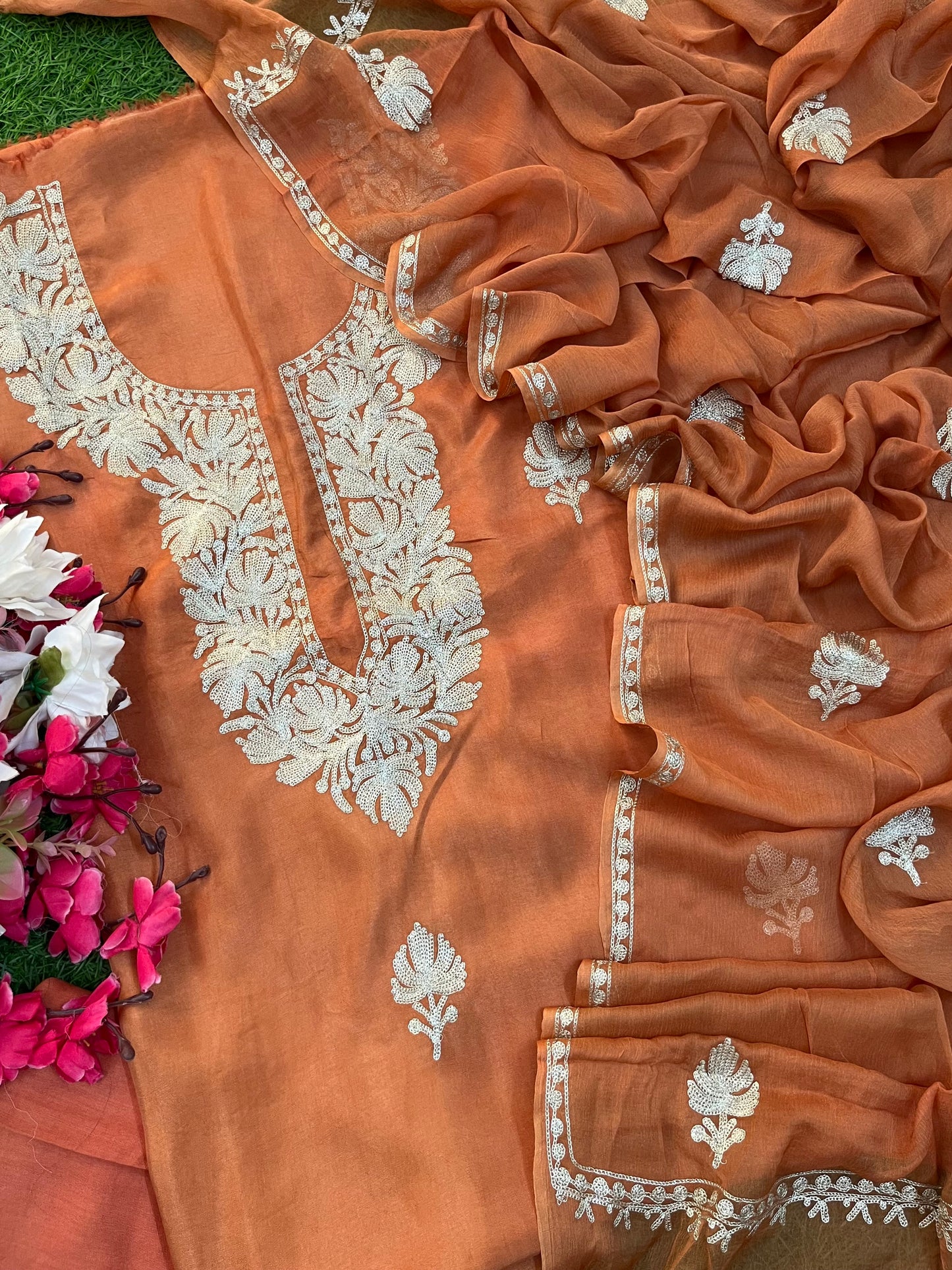 Dull Orange Silk Tilla Kashmiri Suit