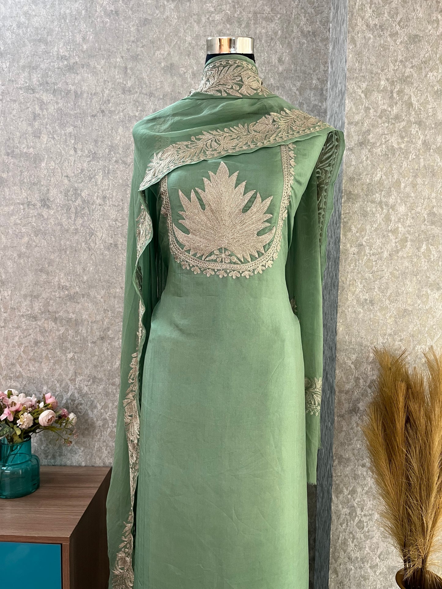 Tea Green Sanam’ Tilla Kashmiri Silk Suit