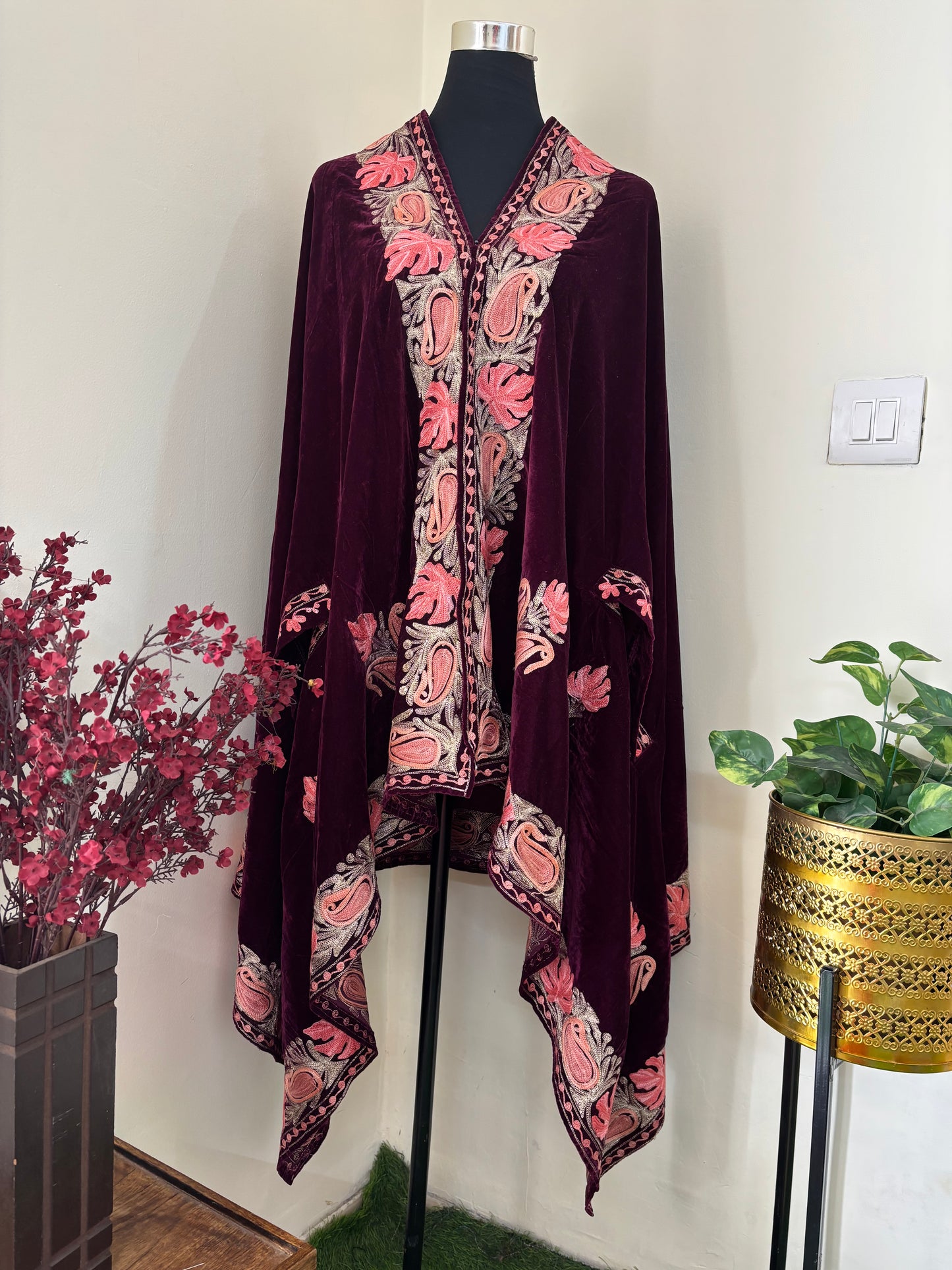 Wine Aari Embroidered Velvet Cape