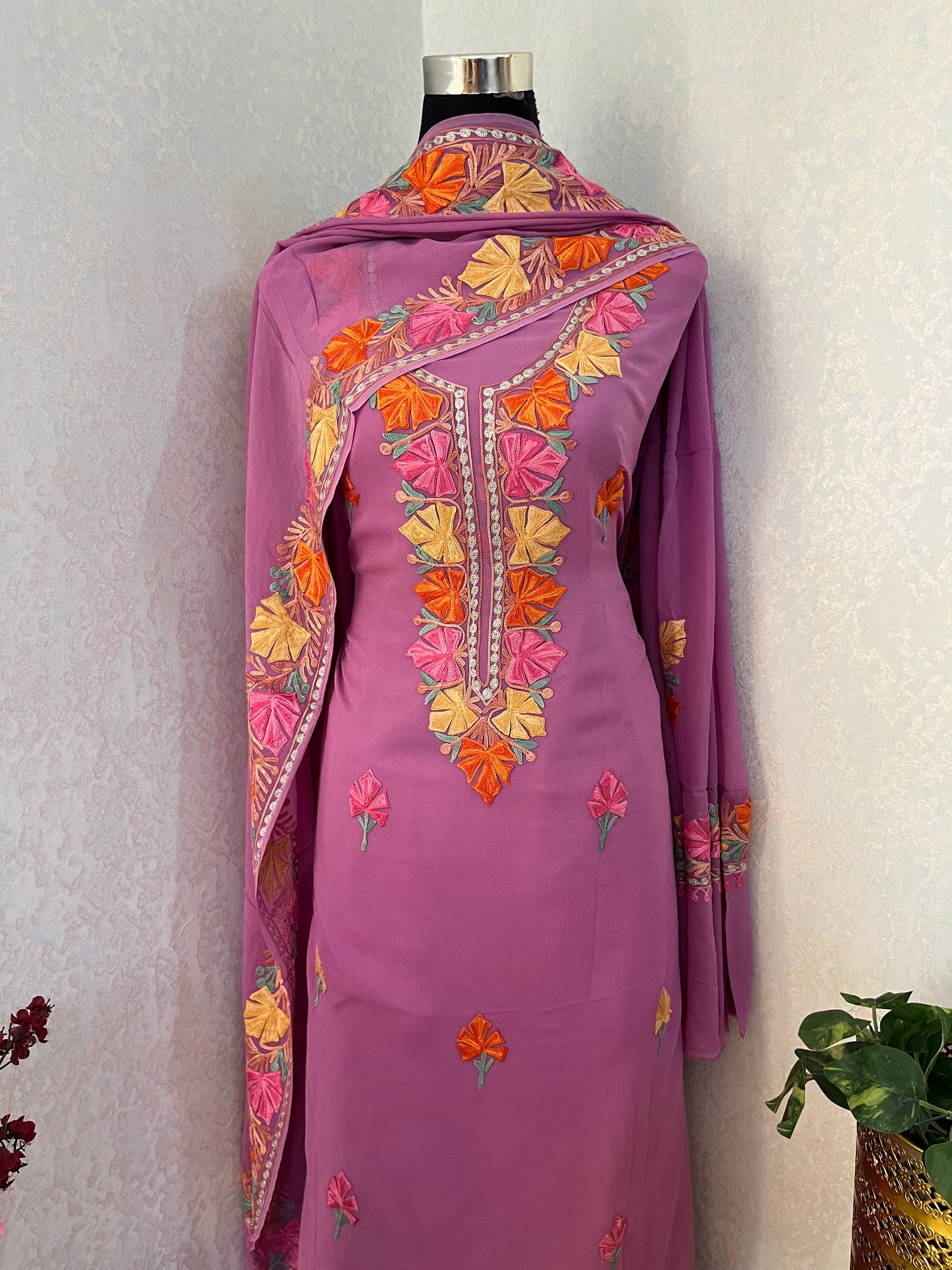 Lilac Pure Georgette Aari Embroidered Suit