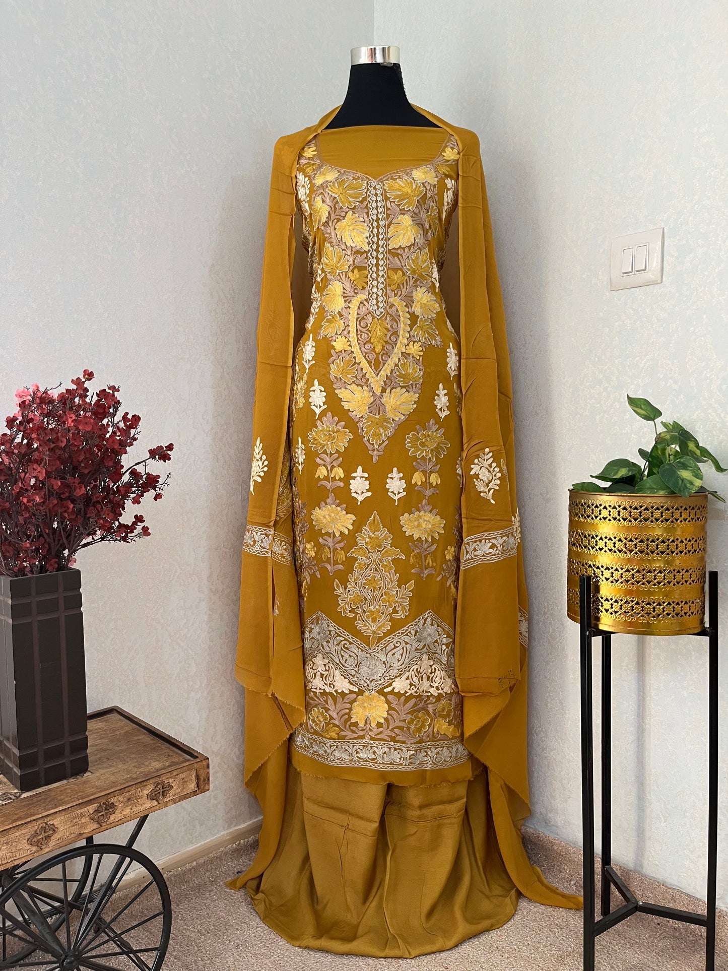 Mustard Pure Georgette 3 Pc Heavy Kashmiri Suit