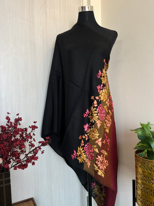 Black Fine Wool Kashmiri Embroidered stole