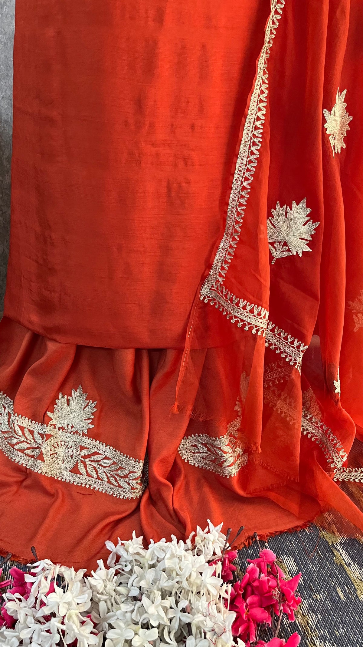 Orange Silk Tilla Embroidered Suit