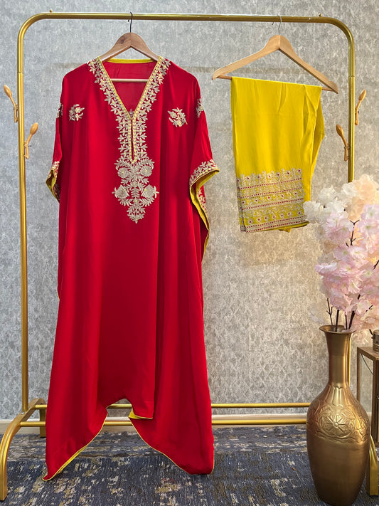 Red Silk Kashmiri Kaftan Set size (44)