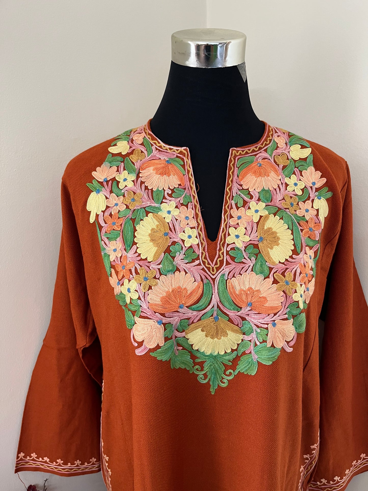 Orange Aari Embroidered Wool Pheran