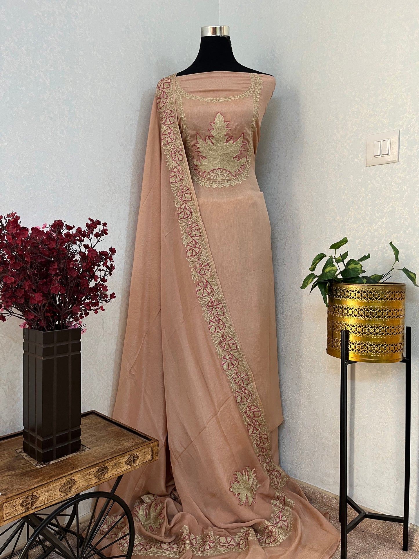 Peach Chinon 3 Pc Aari Embroidered Suit