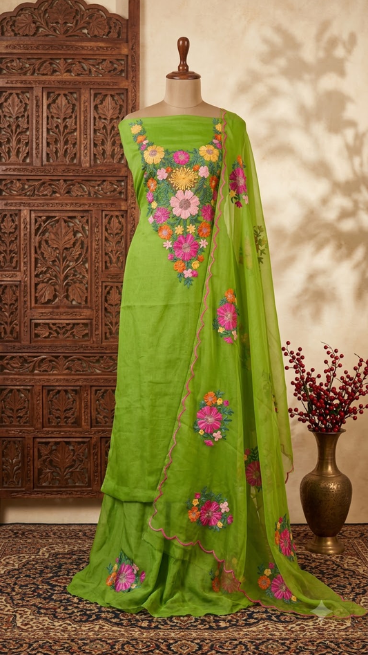 Lime Green Soft Tissue Kashmiri Suit ( On Order )
