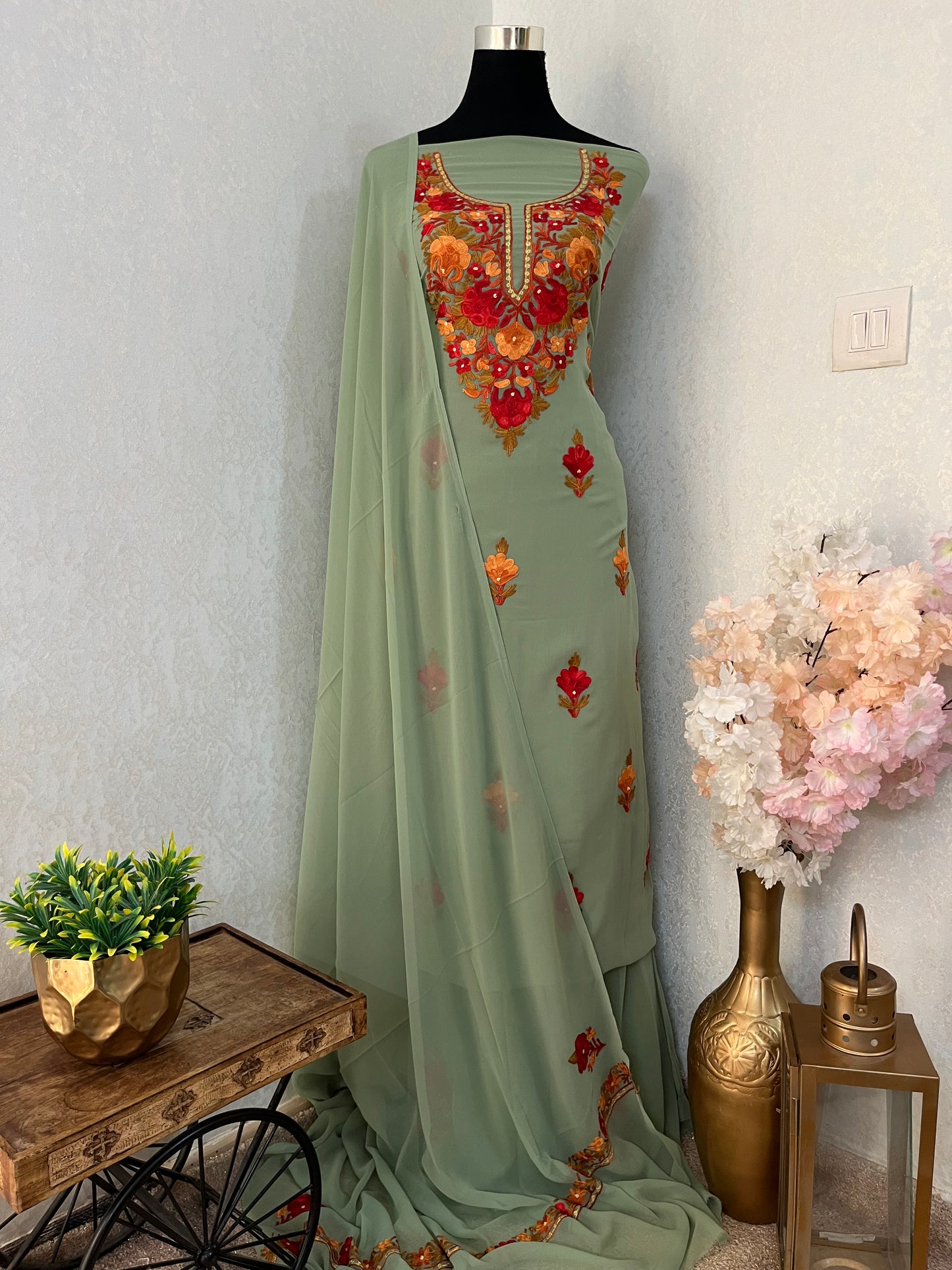 Jade Green Georgette 3Pc Kashmiri Suit