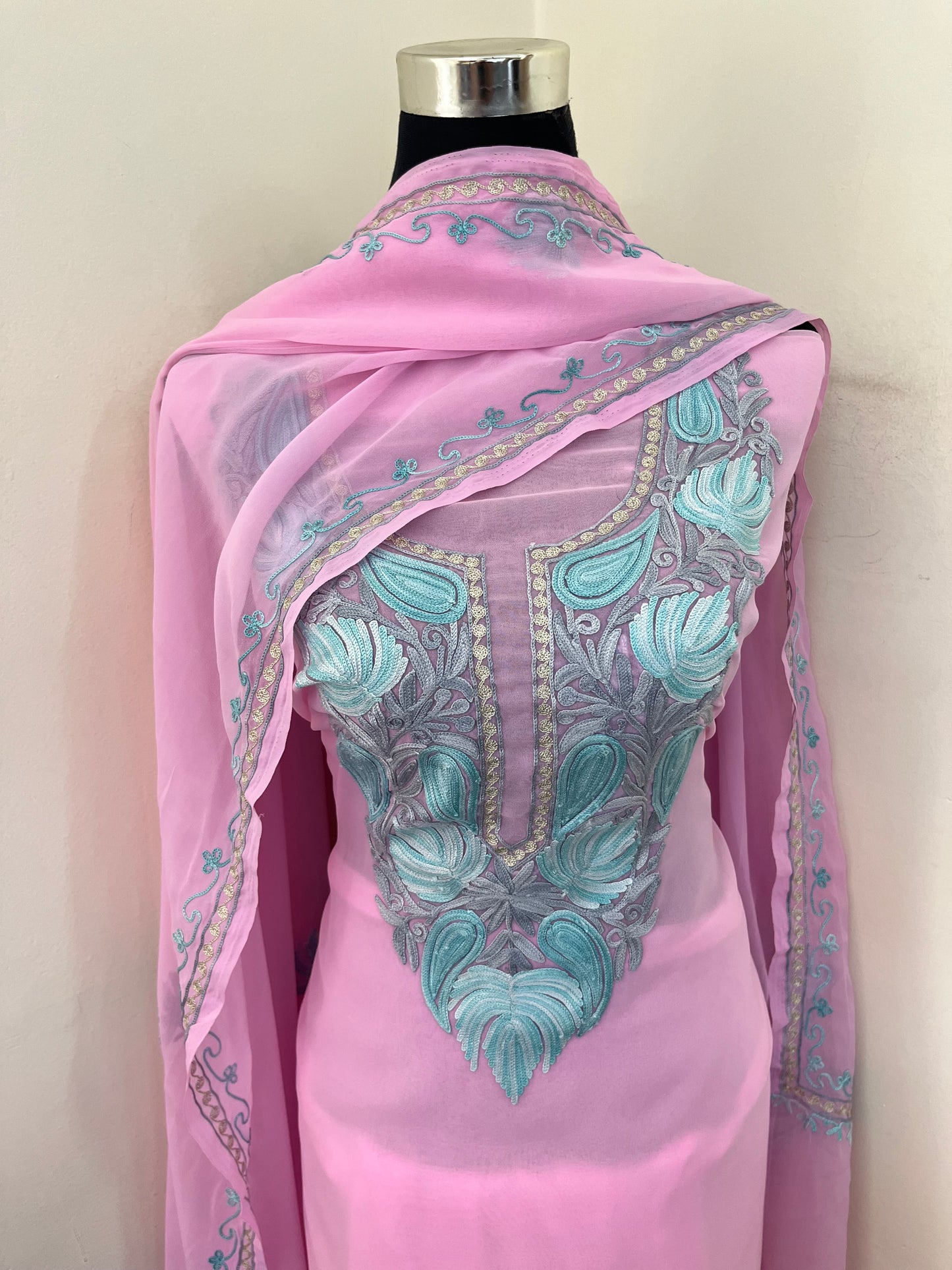 Soft Pink Georgette 3 Pc Aari Embroidered Suit Set