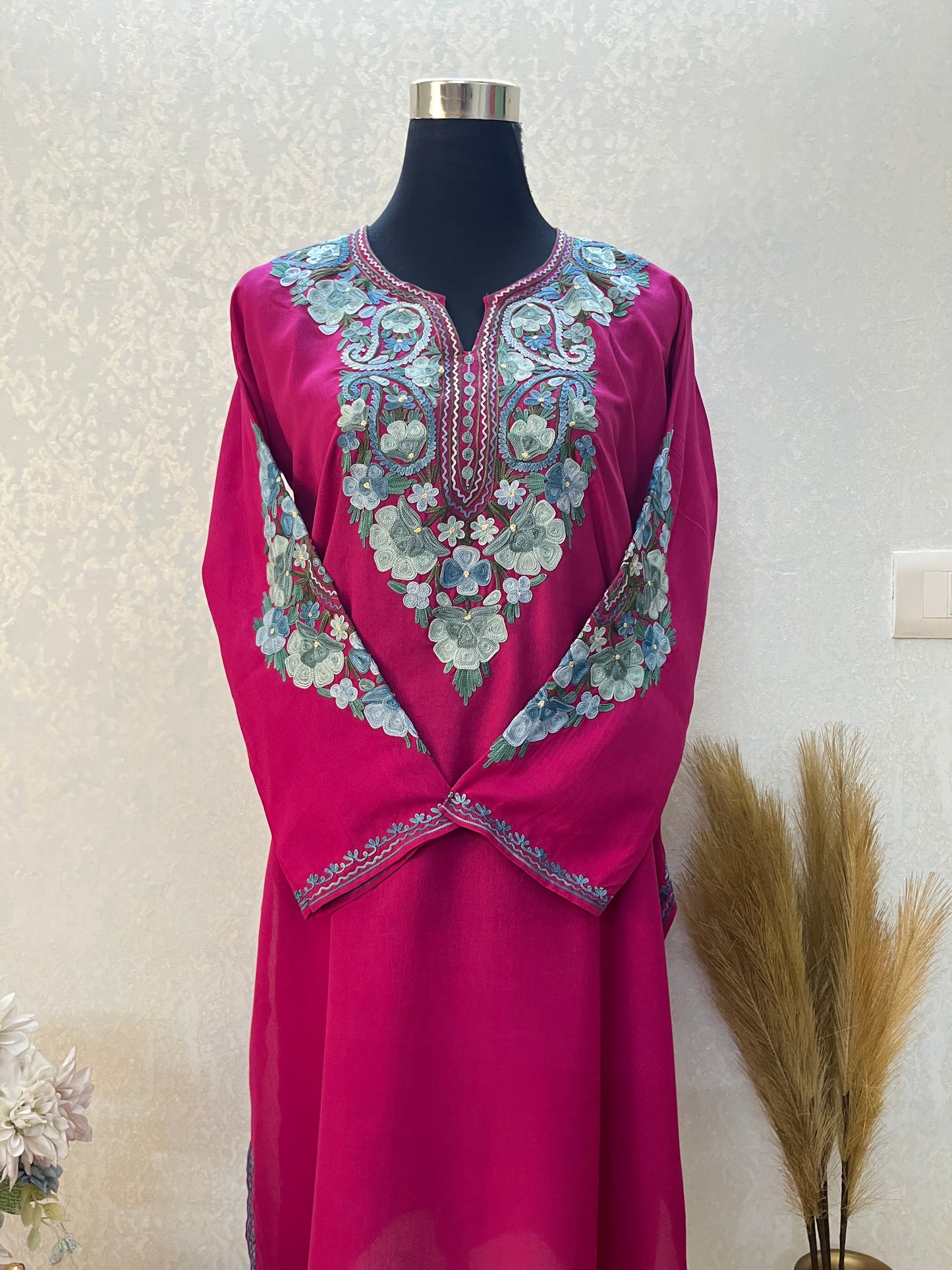 Hot Pink Cotton Aari Work Kurta