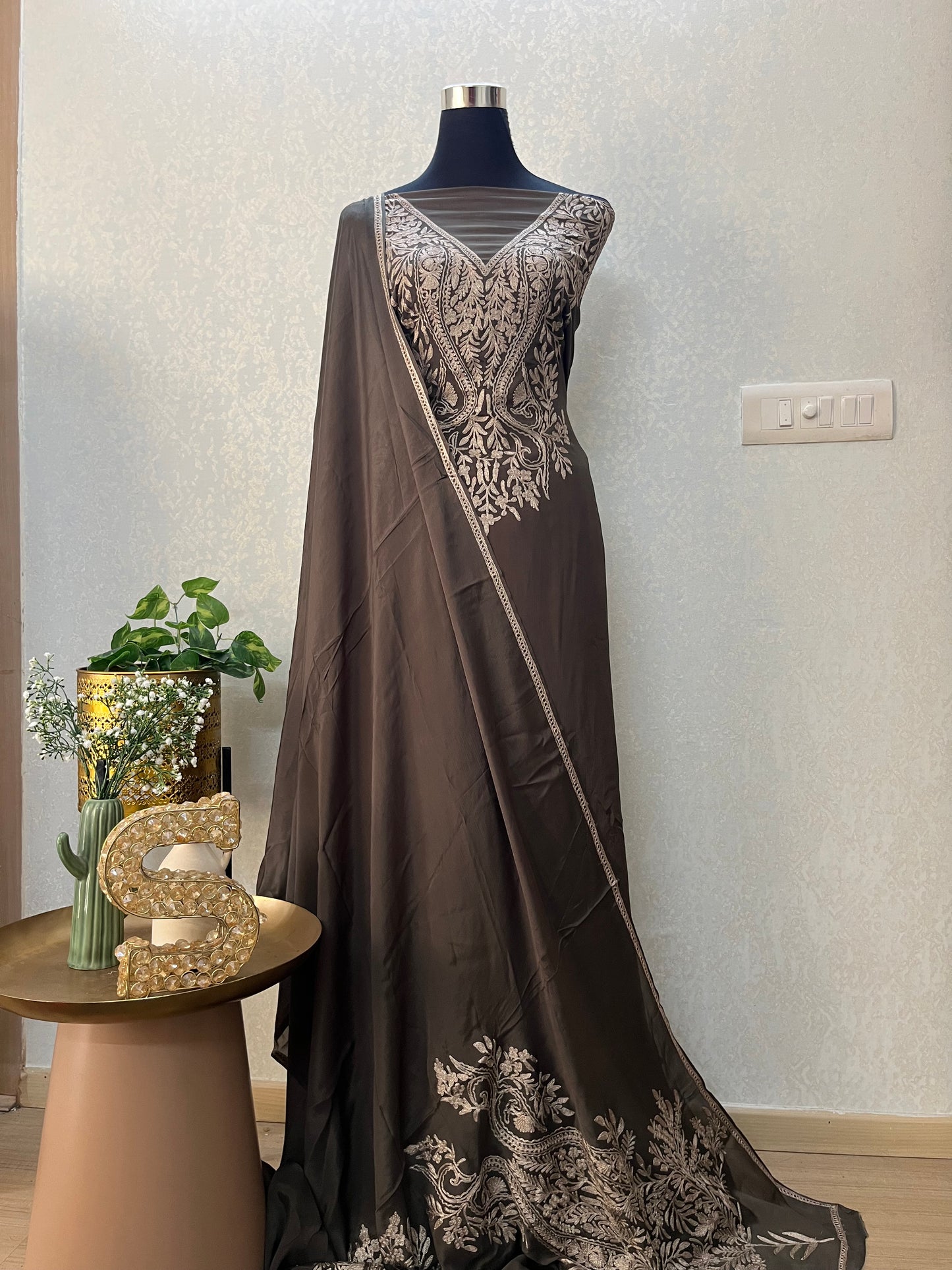 Luxury Pure Chinon Oxidised Tilla Embroidered Kashmiri Suit