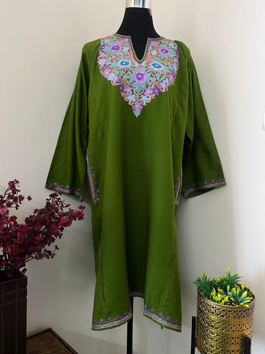 Henna Green Aari Embroidered Wool Pheran