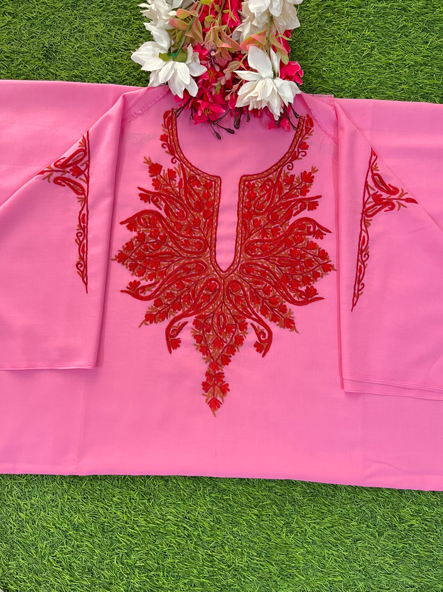 Pink Cotton Two Piece Suit (Hand Embroidered)