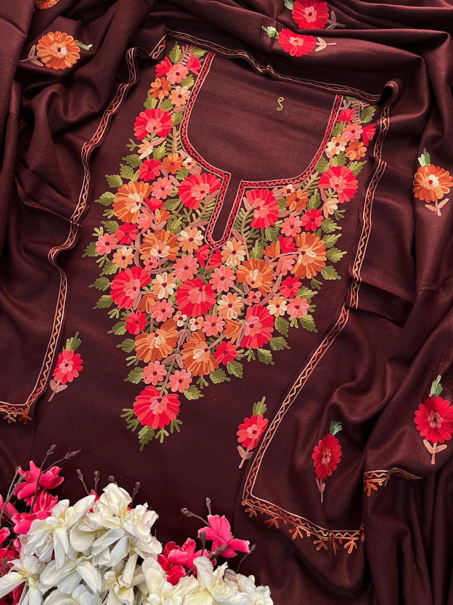 Brown Woollen Aari Embroidered 3pc suit