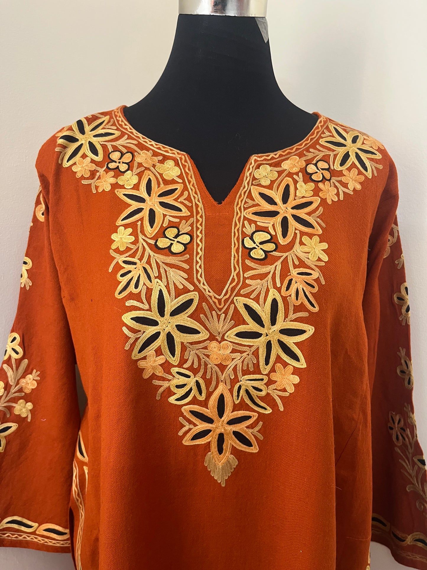 Rust Orange Aari Embroidered Wool Pheran