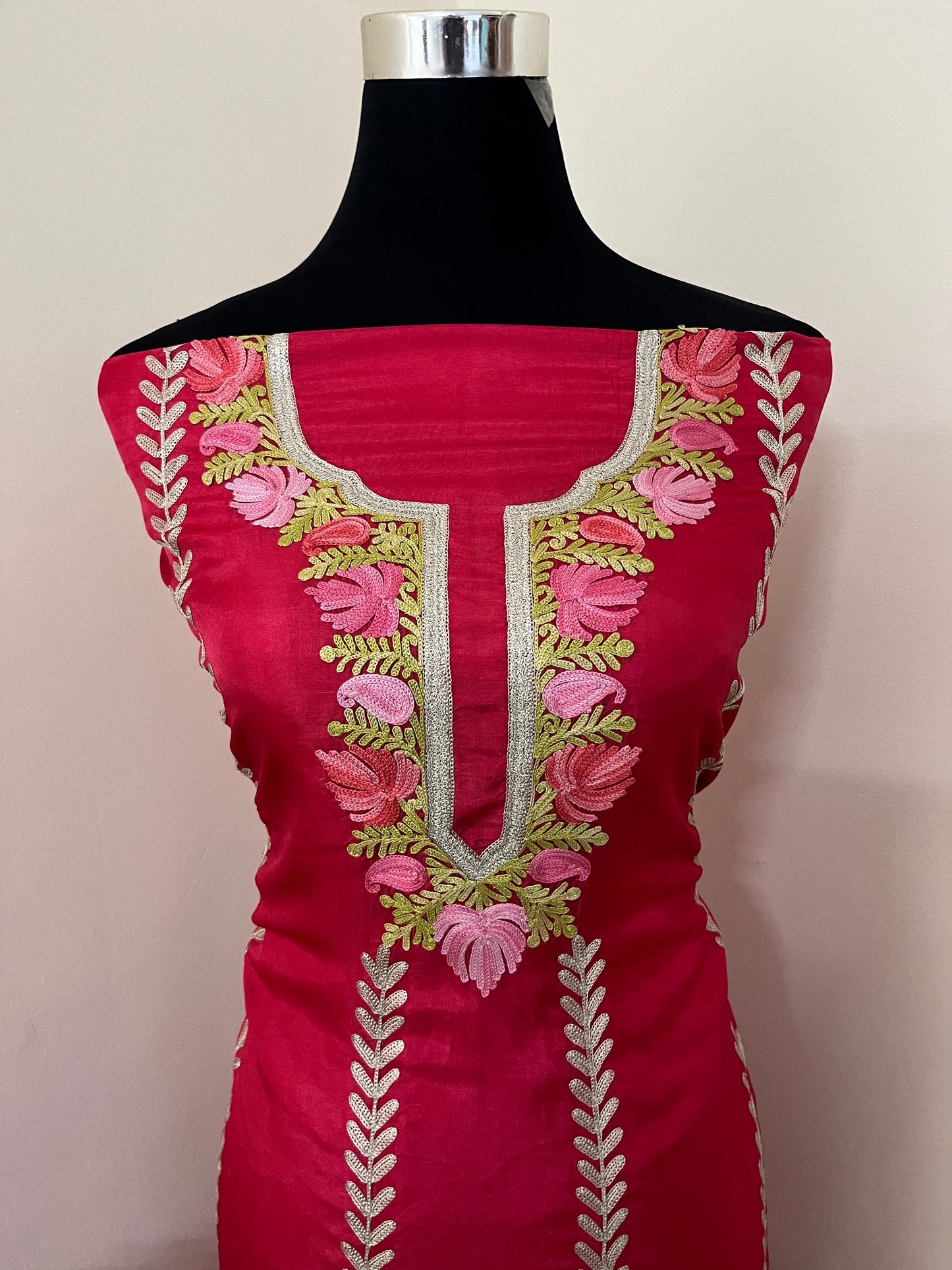 Sanam’ Coral Red Silk Aari Embroidered Suit material