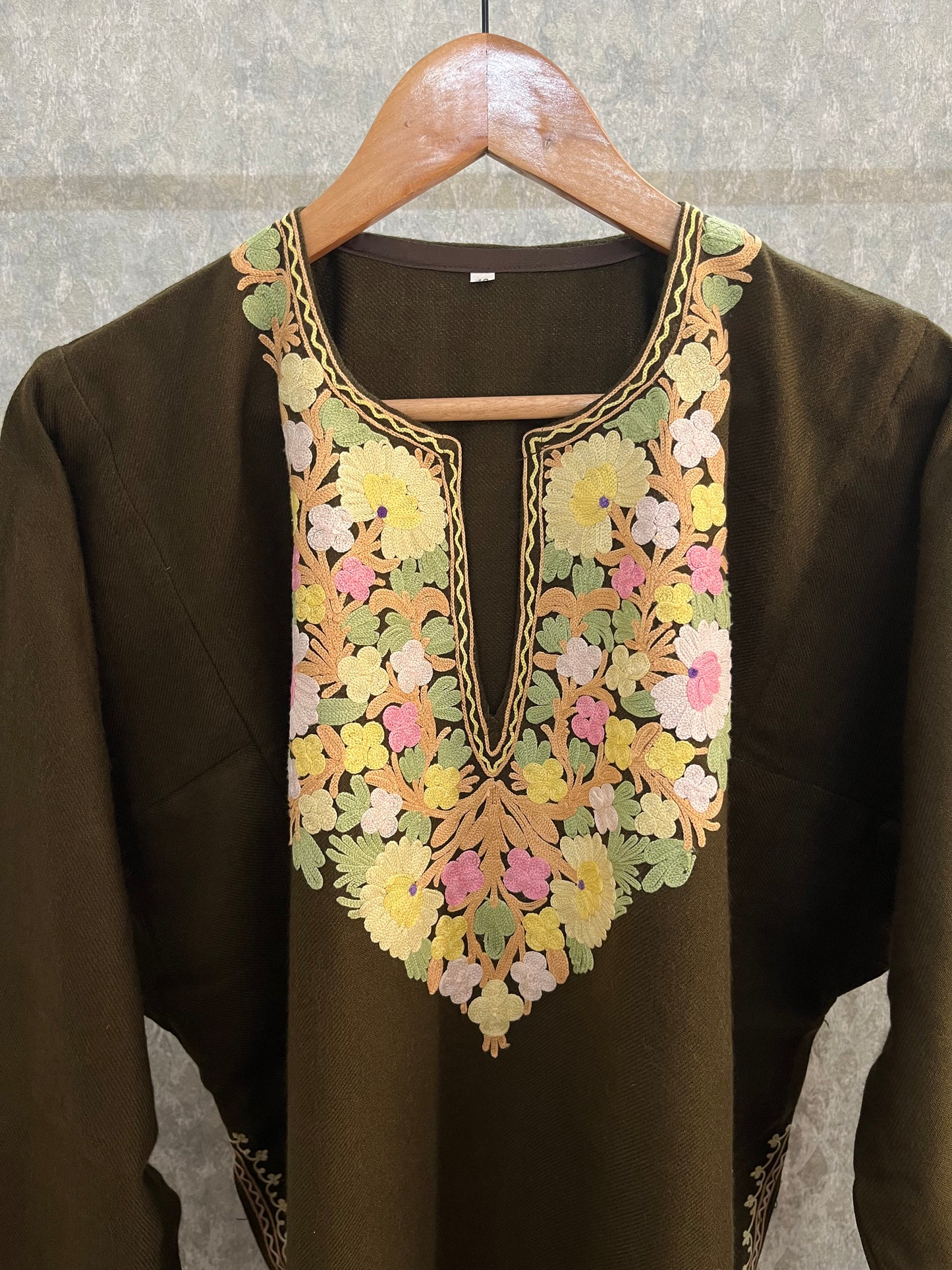 Army Green Aari Embroidered Wool Pheran