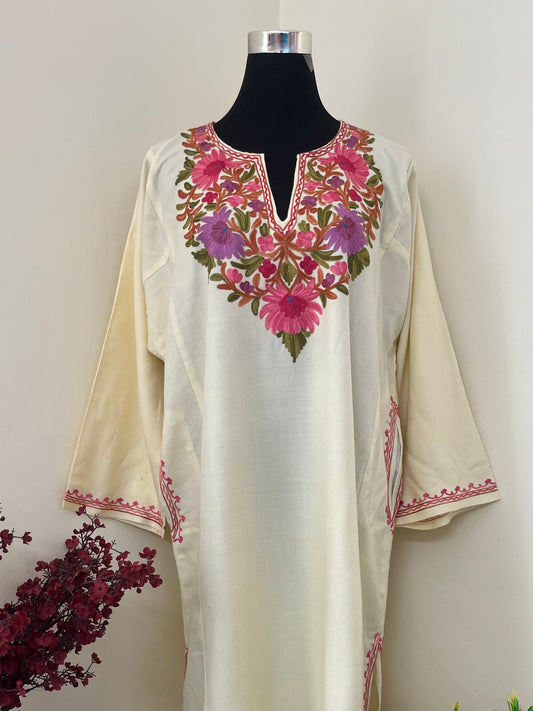 Cream Aari Embroidered Wool Pheran