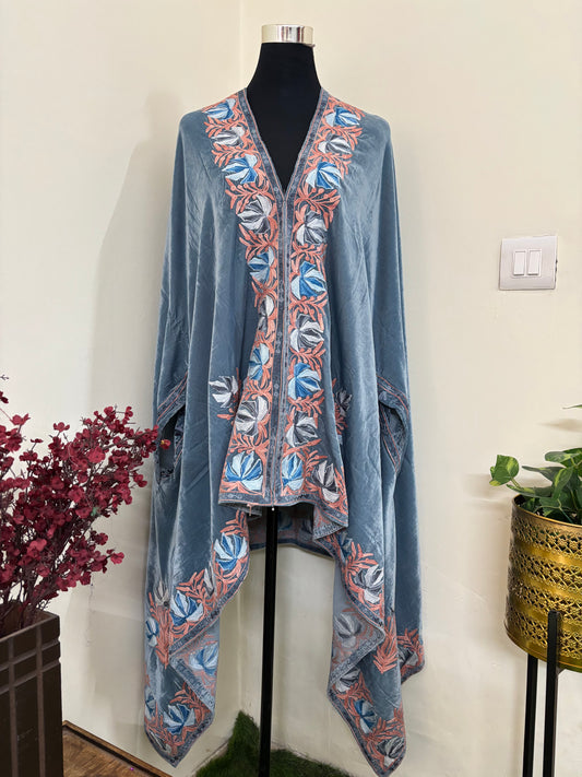 Grey Aari Embroidered Velvet Cape