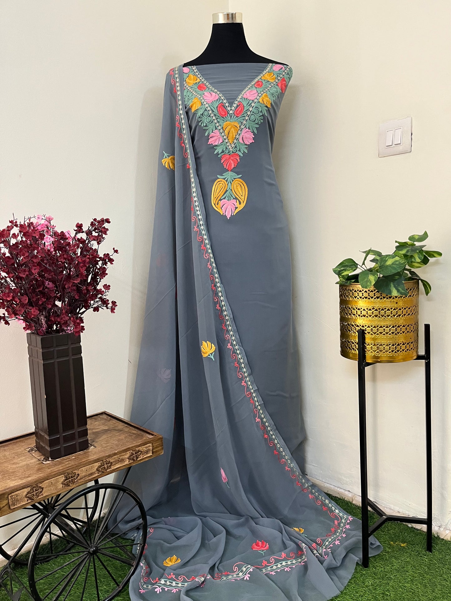 Grey Georgette 3 Pc Aari Embroidered Suit Set