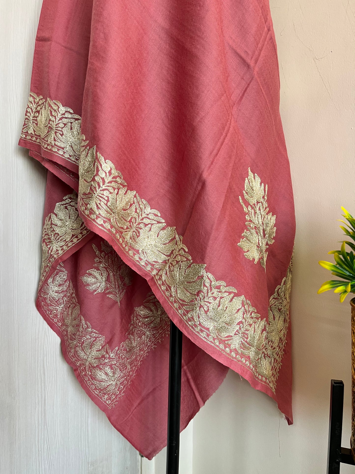 Onion Pink Fine Semi Pashmina Tilla Embroidered stole