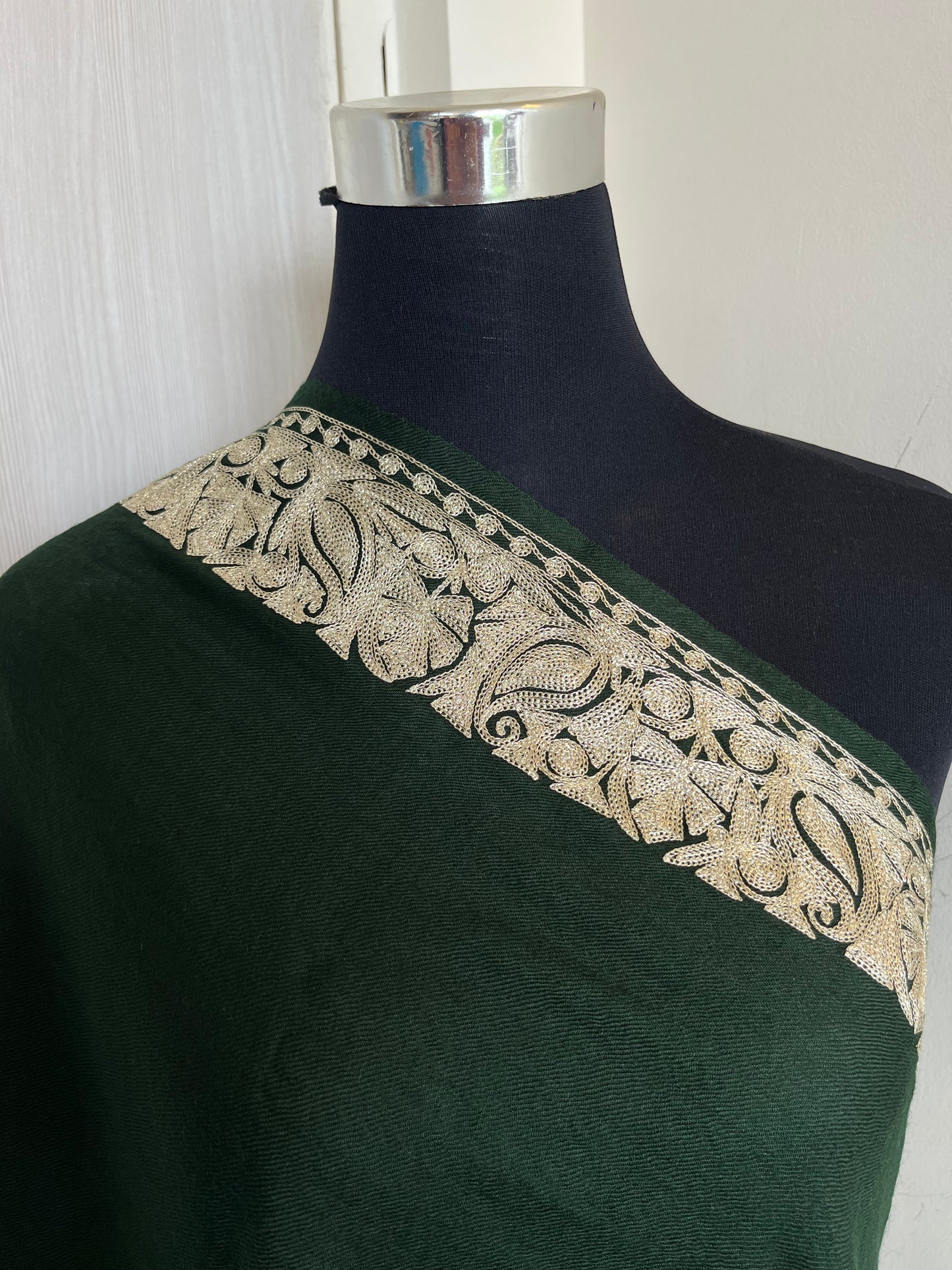 Bottle Green Fine Semi Pashmina Tilla Embroidered stole