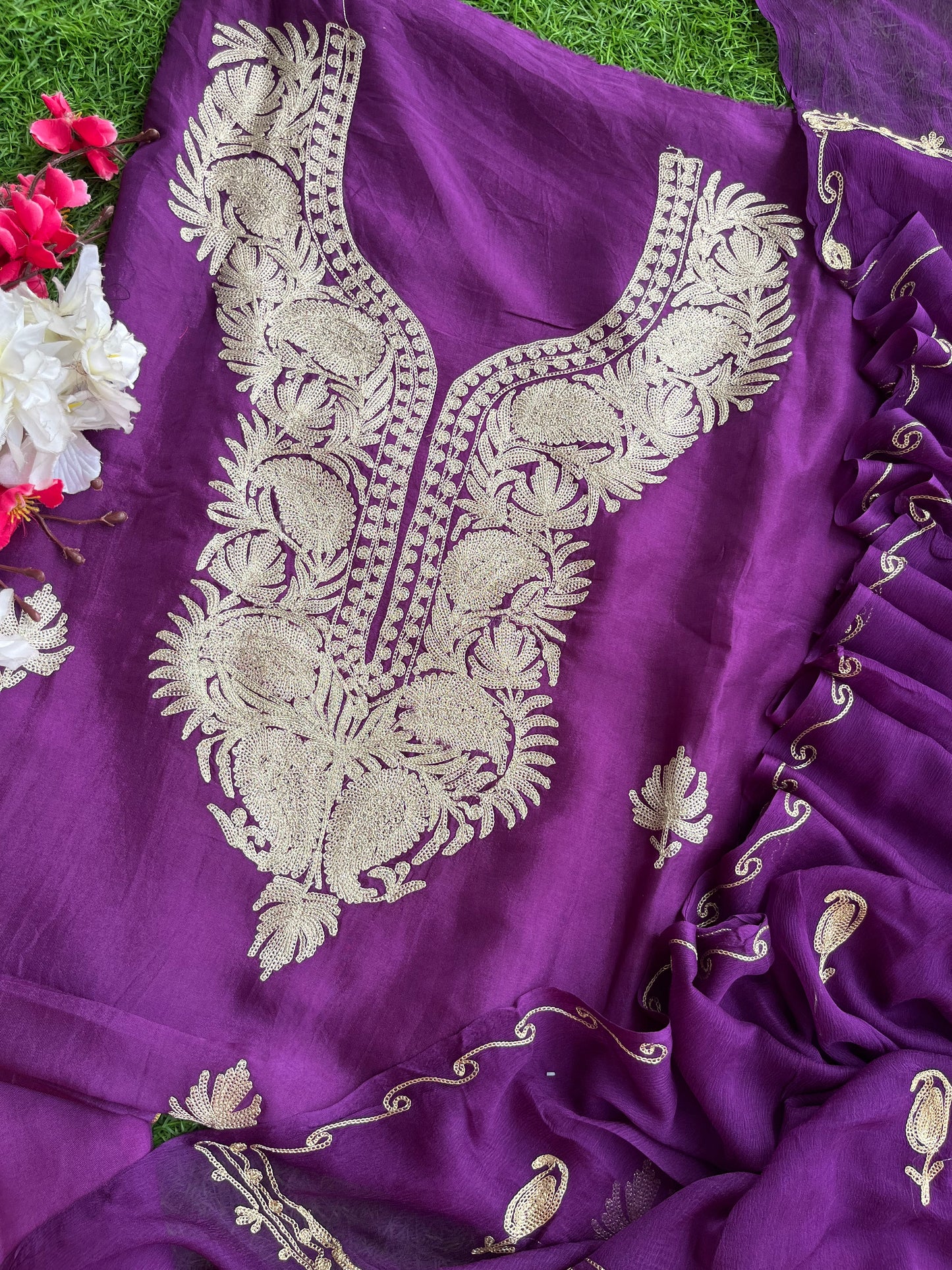 Wine Silk Tilla Kashmiri Suit