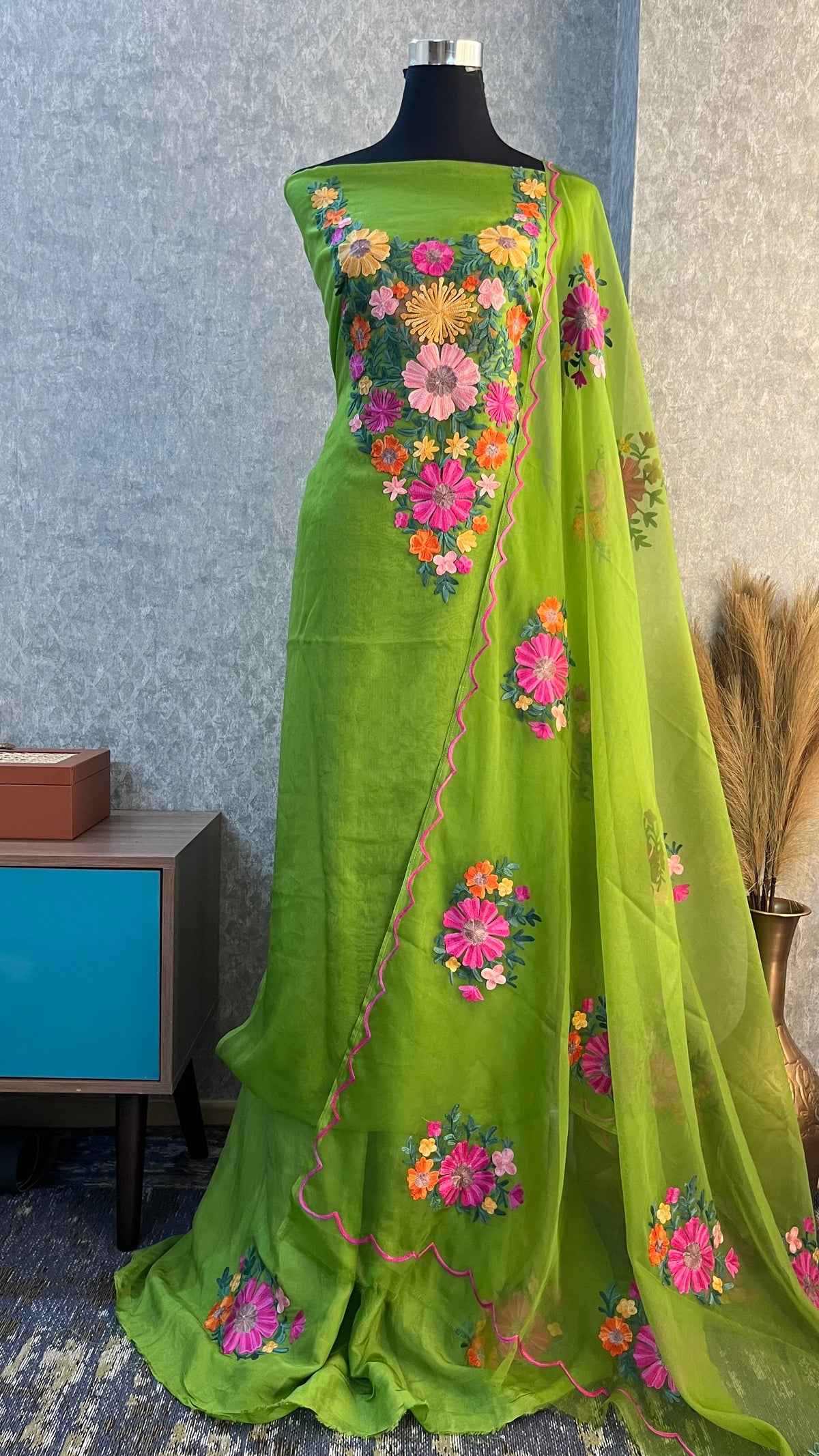 Lime Green Soft Tissue Kashmiri Suit