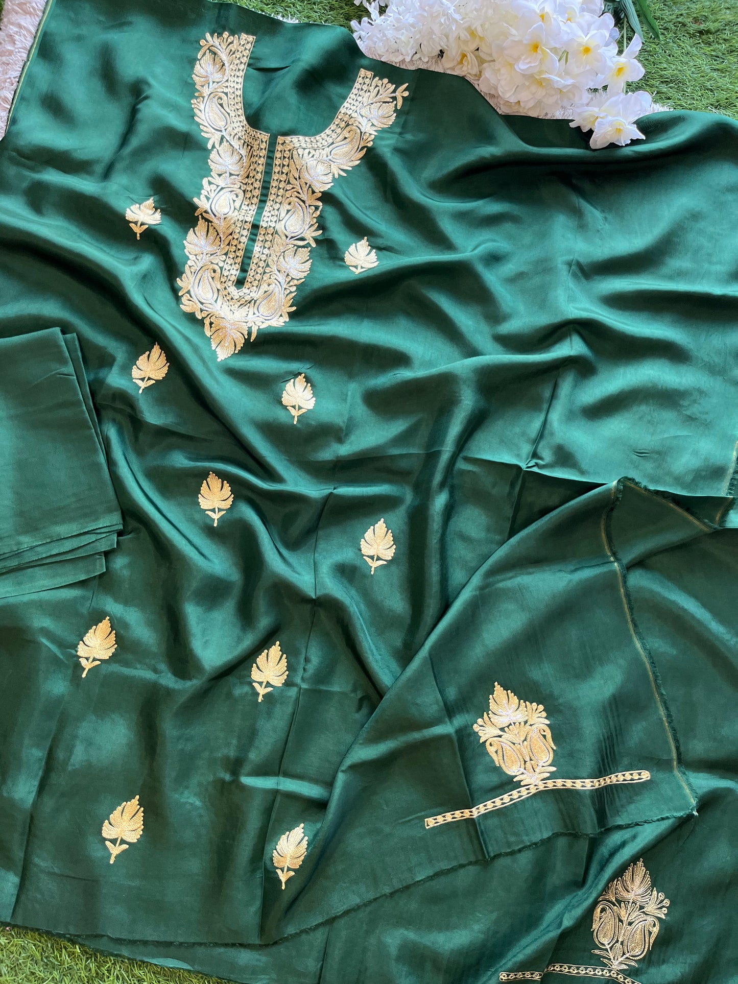 ‘Kalaa’ Forest Green Opada Silk Tilla Embroidered Suit material (on order)