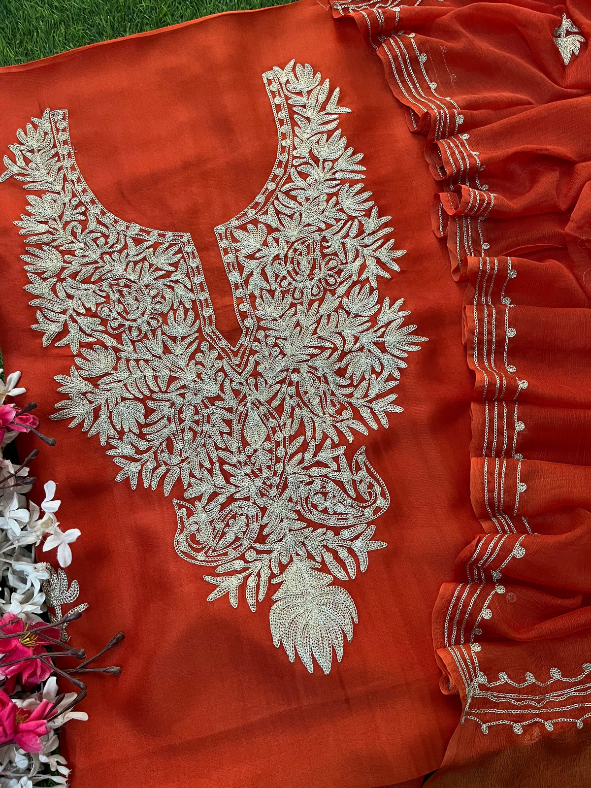 Rust Silk Tilla Kashmiri Suit