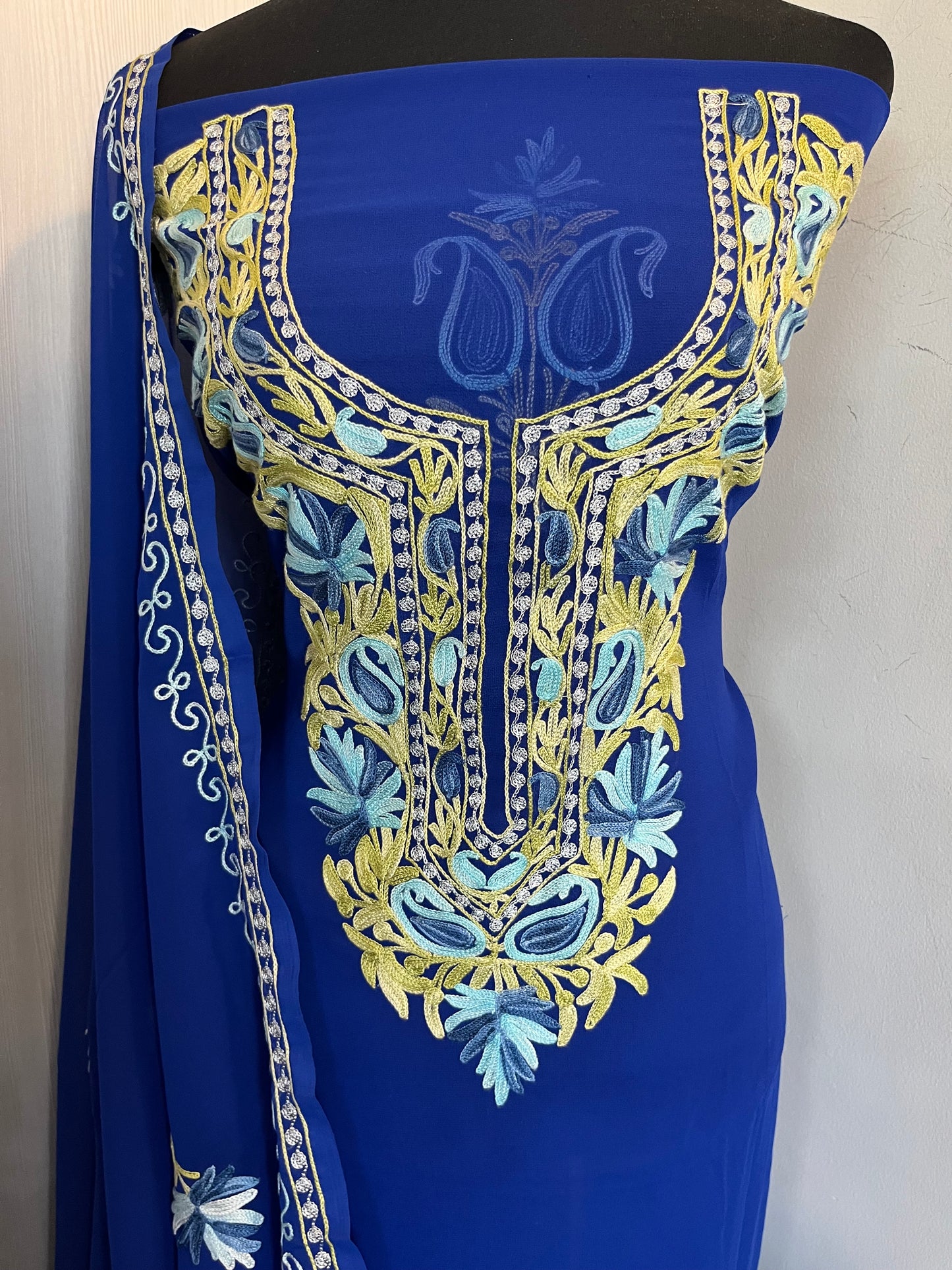 Georgette Royal Blue Two Piece Shirt and Dupatta Aari Embroidered Suit set