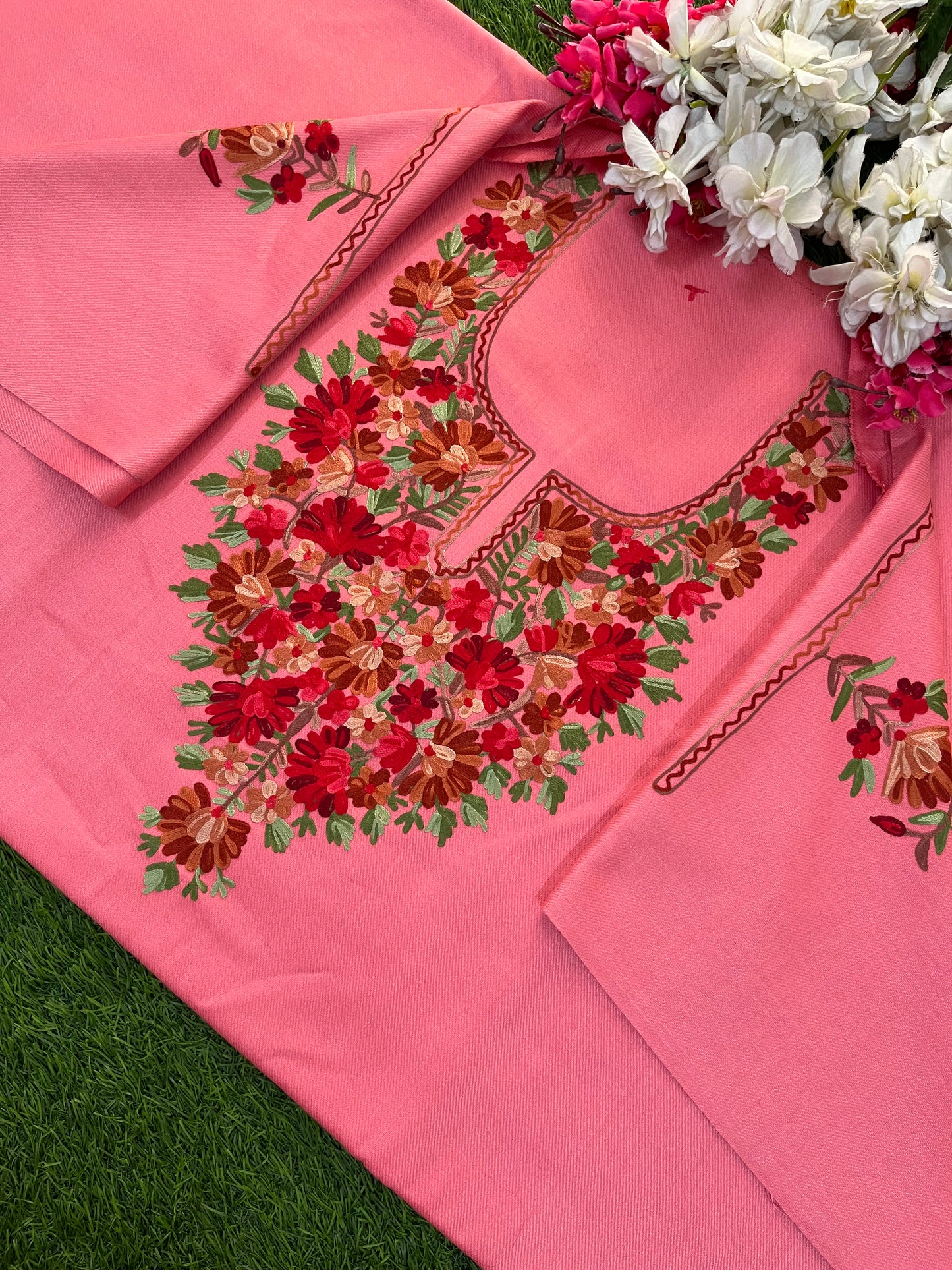 Pink Woollen Aari Embroidered 2pc suit 5mtr