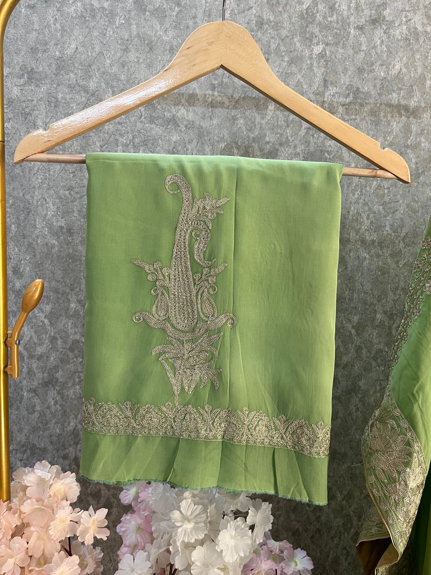 Pista Green Pure Crape Kashmiri Kaftan