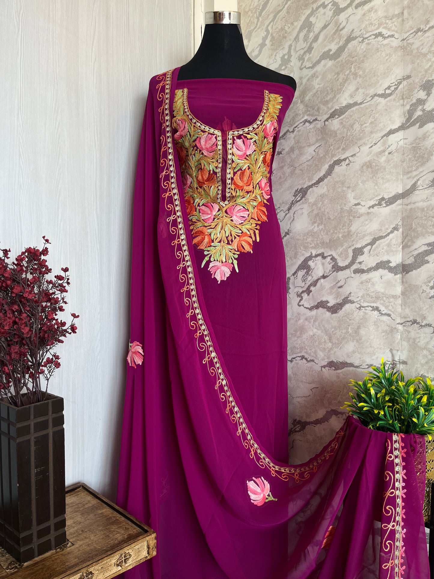 Wine Georgette Shirt and Dupatta Aari Embroidered Suit