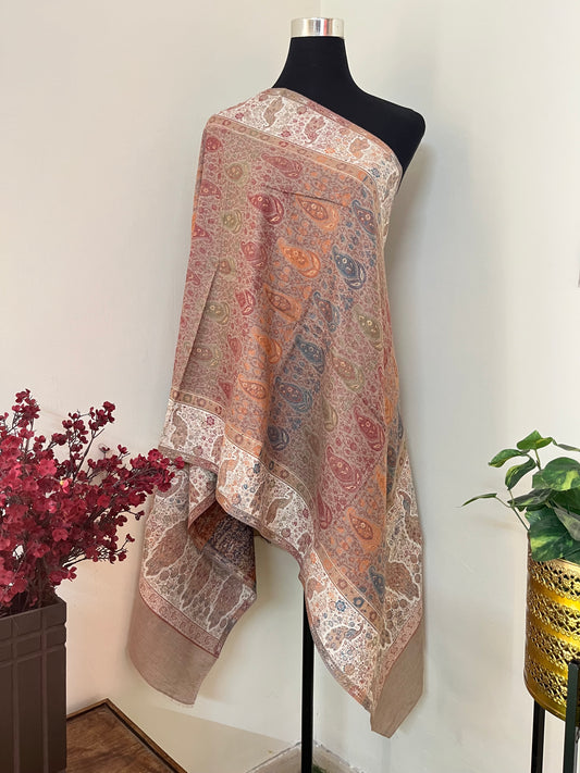 Beige Peacock Kani Fine Semi Pashmina stole