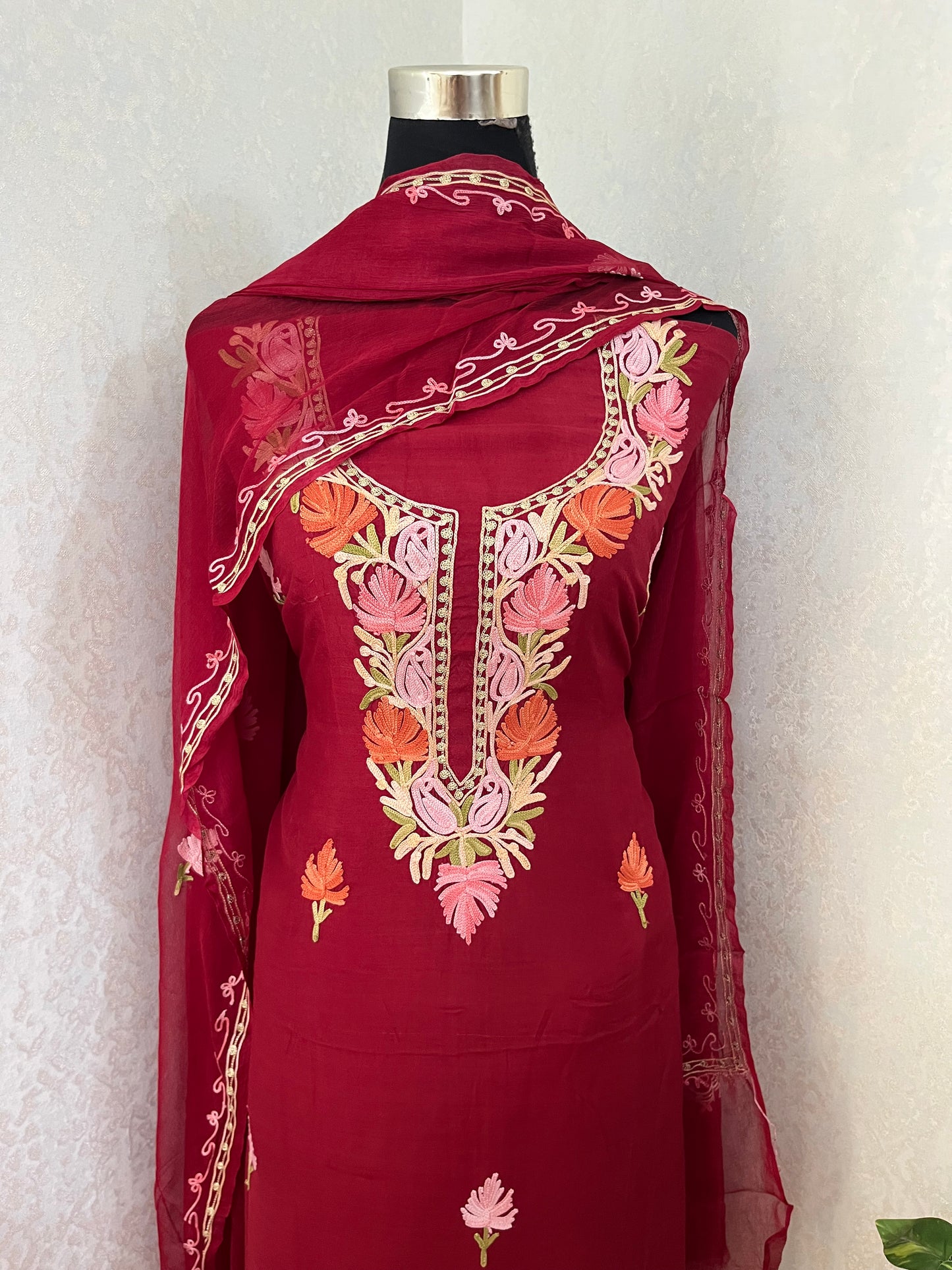 Maroon Muslin Cotton Jaal Sleeves Kashmiri 3pc Suit