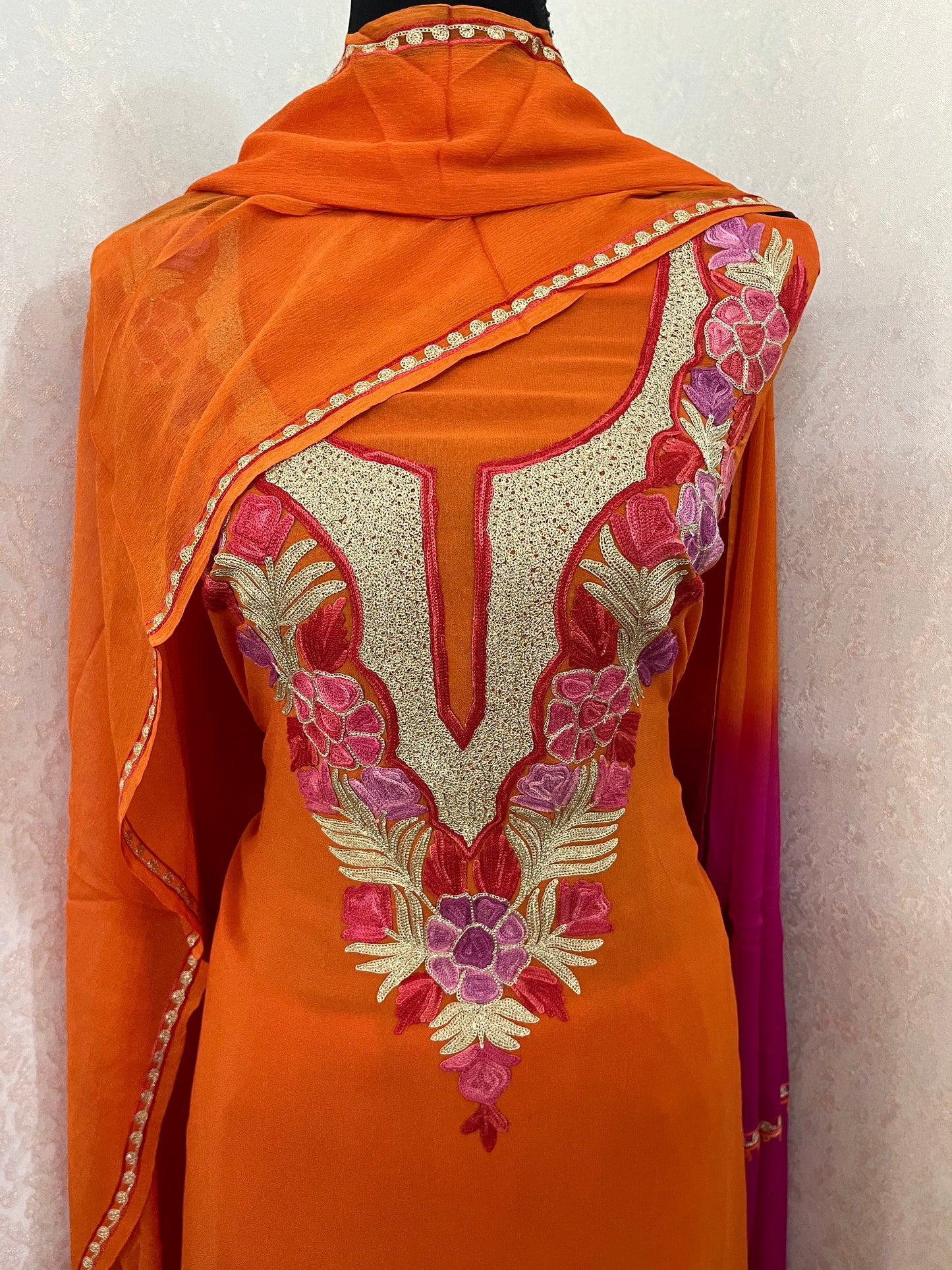 Orange Pure Georgette Double Shade Kashmiri Suit