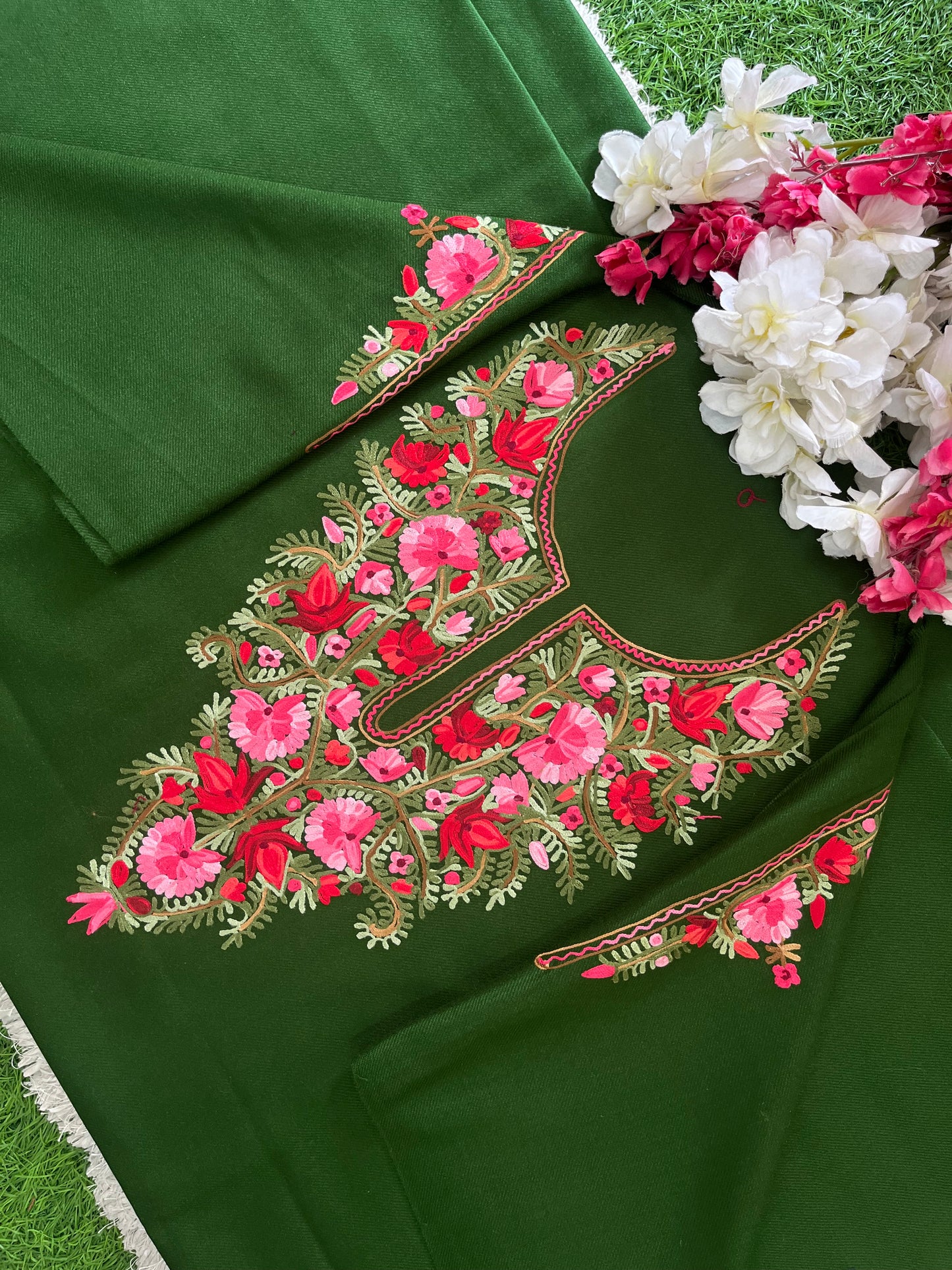 Henna Green Woollen Aari Embroidered 2pc suit 5mtr