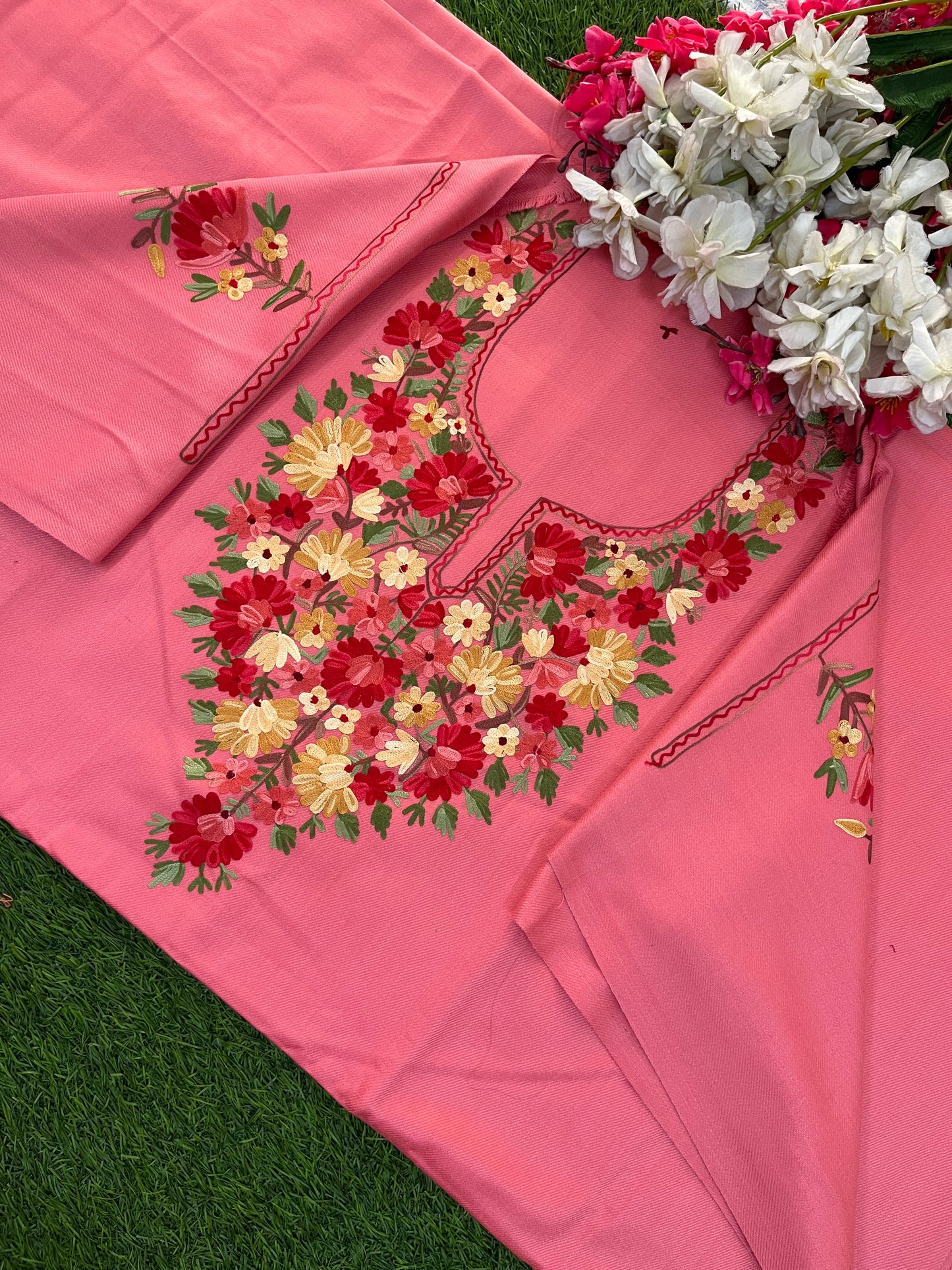 Pink Woollen Aari Embroidered 2pc suit 5mtr