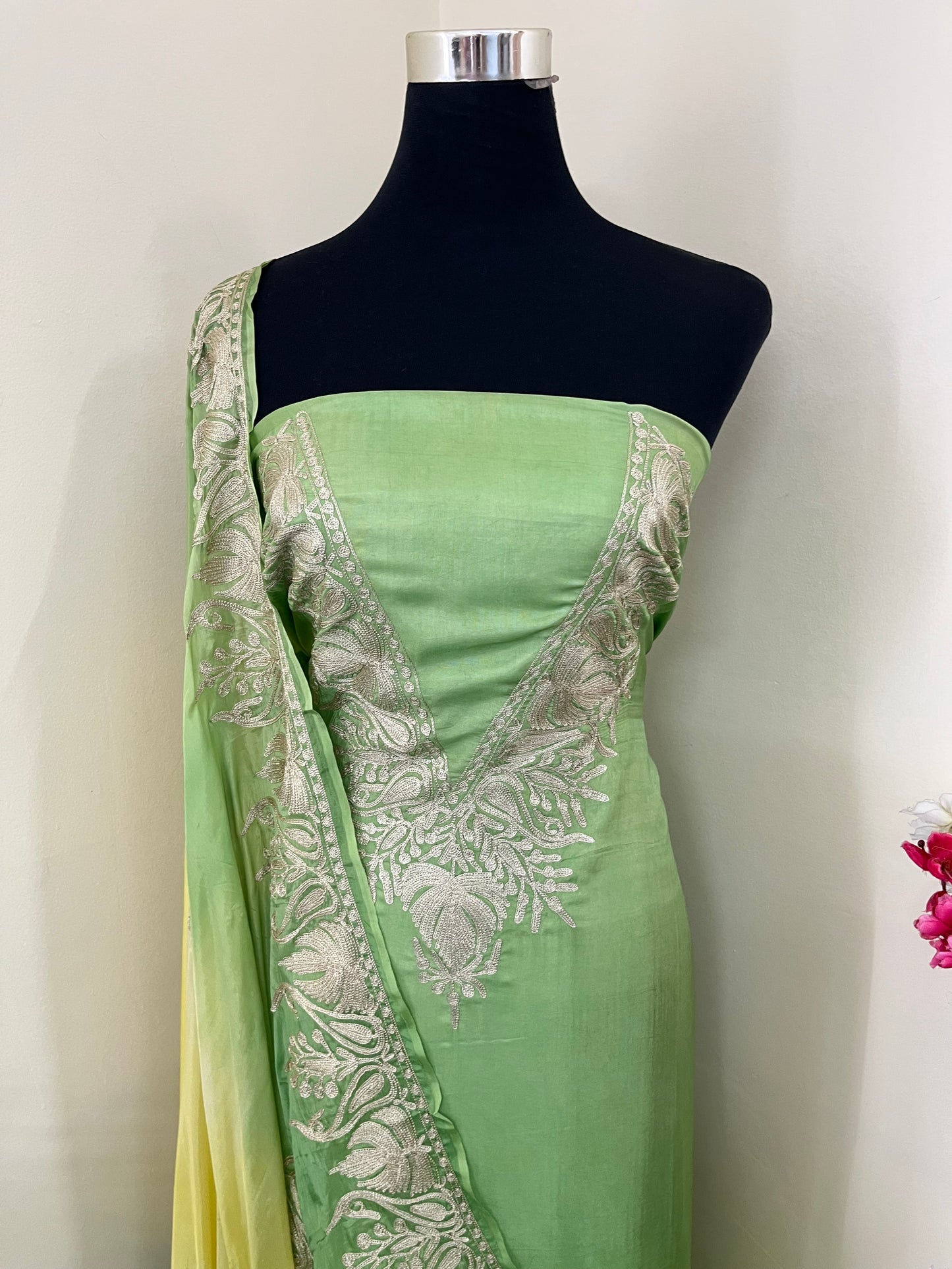 Sanam Pista Green Silk Kashmiri Suit