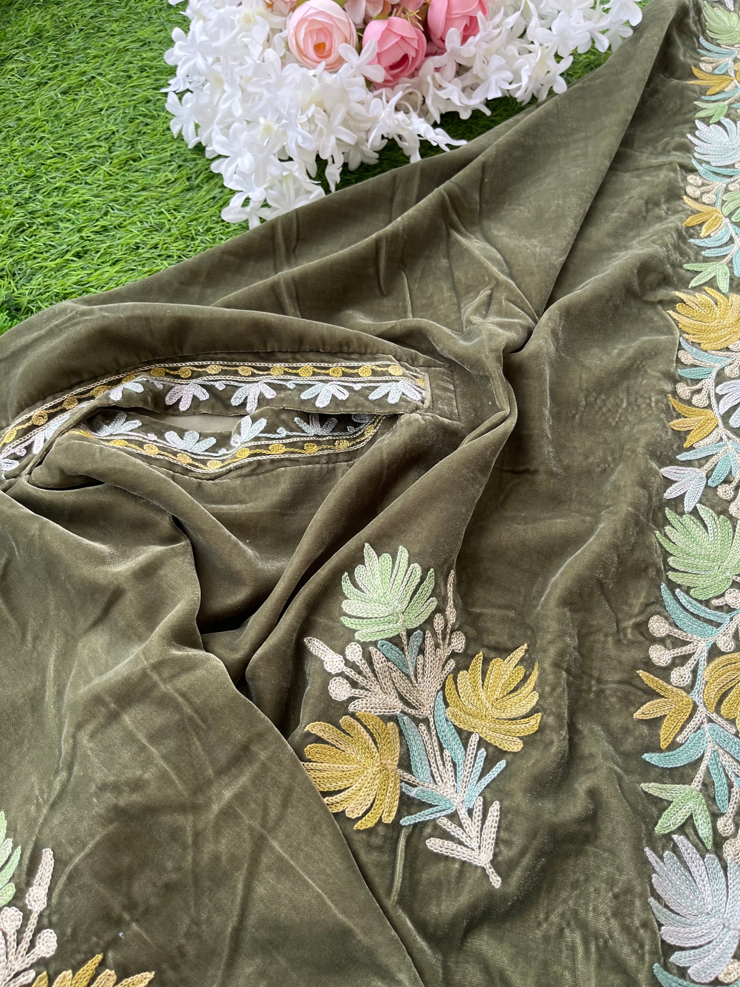 Greenish Grey Aari Embroidered Velvet Cape