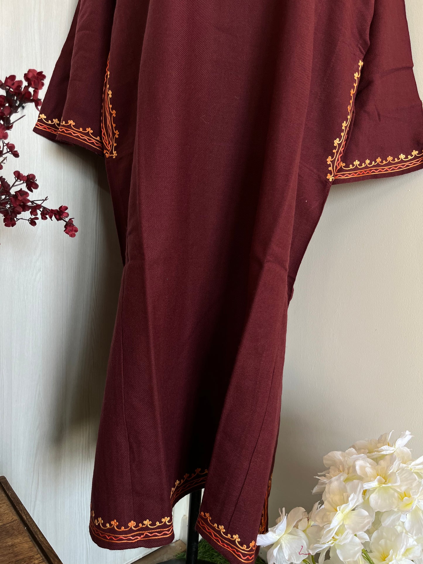 Reddish Brown Aari Embroidered Wool Pheran