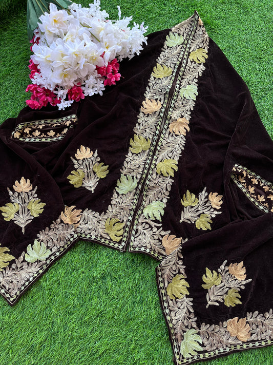 Brown Aari Embroidered Velvet Cape