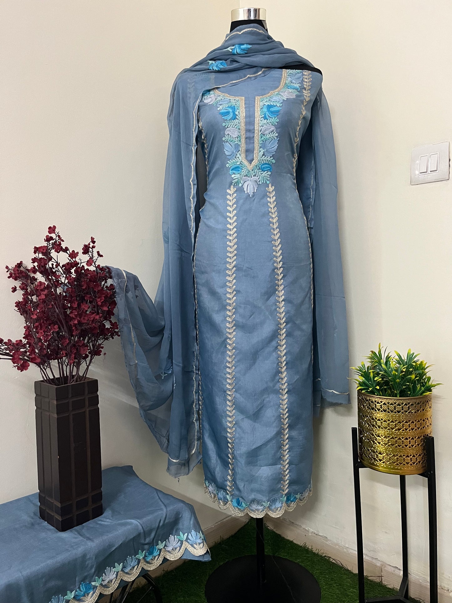 Sanam’ Blue Silk Aari Embroidered Suit material