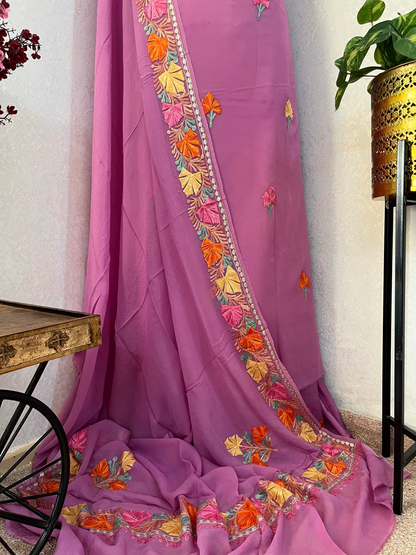 Lilac Pure Georgette Aari Embroidered Suit