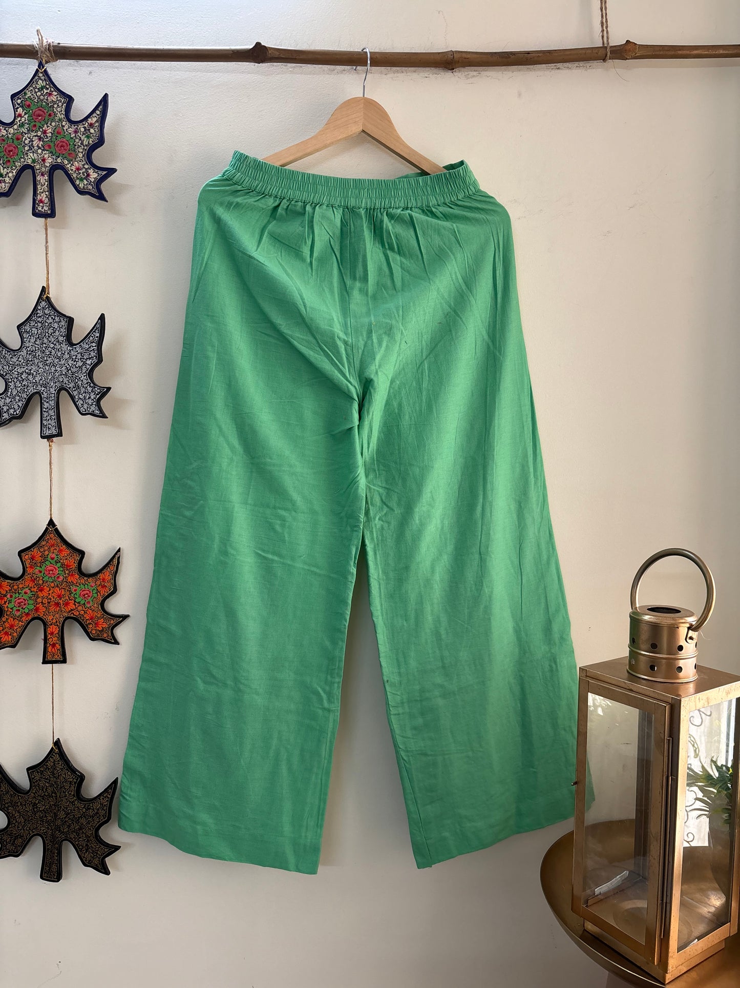 Women Green Solid Cropped Wide Leg Aari Embroidered Palazzos ‘S’