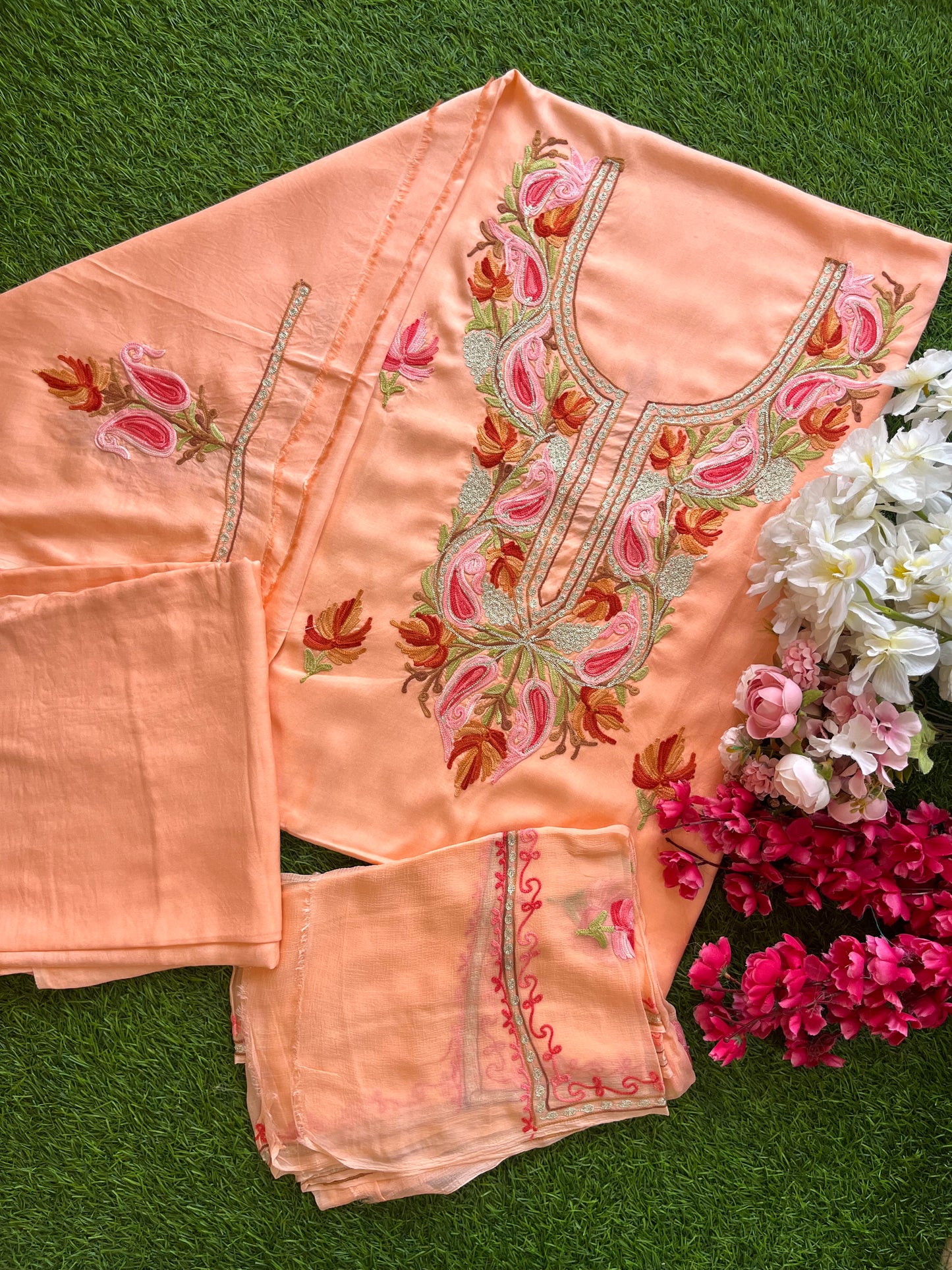 Peach Muslin Cotton Aari Embroidered 3pc set