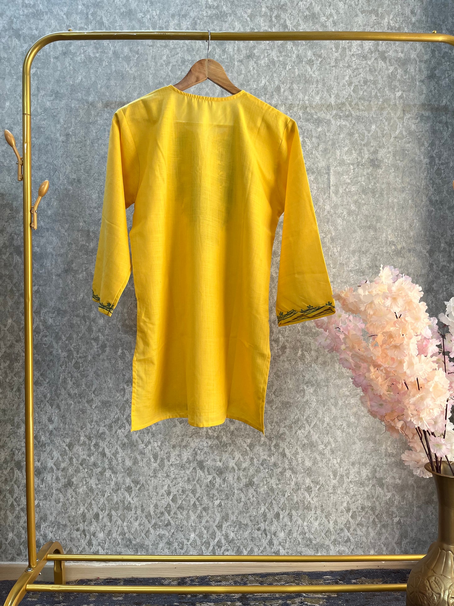 Yellow Cotton Aari Work Kurta